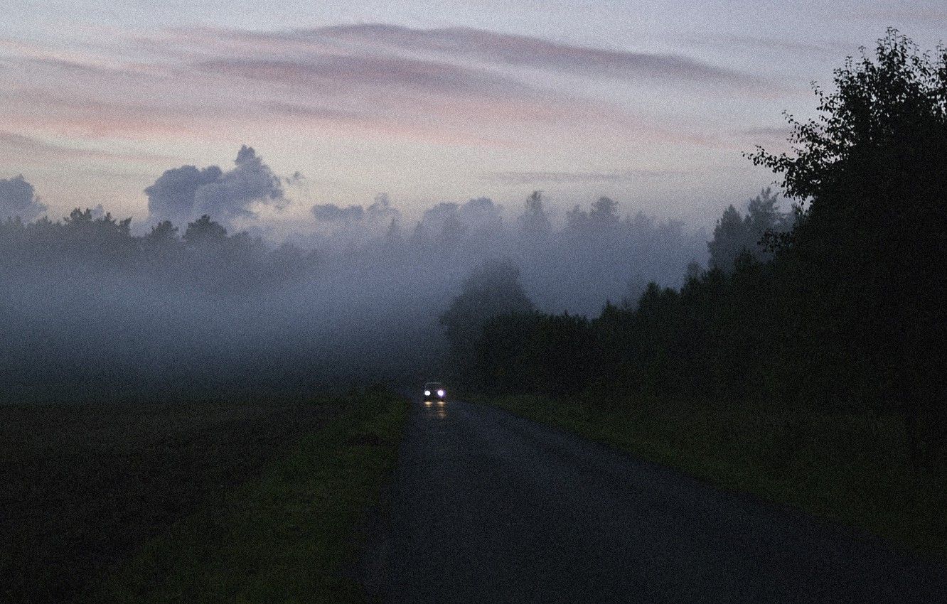 Wallpaper car, misty, road, morning, fog, sunrise, dawn, foggy