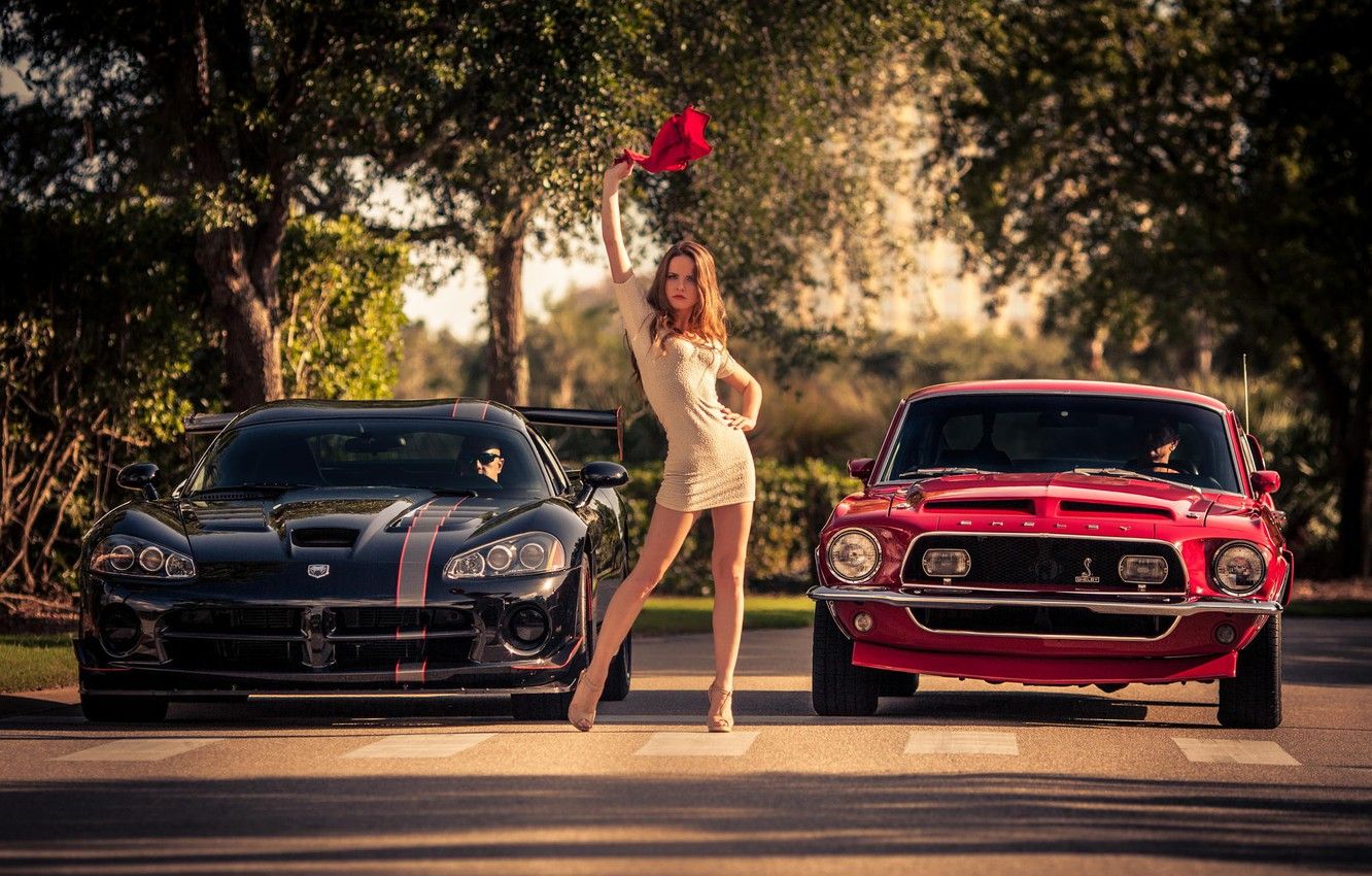 Wallpaper girl, Mustang, Ford, Model, flag, Dodge, red, muscle car
