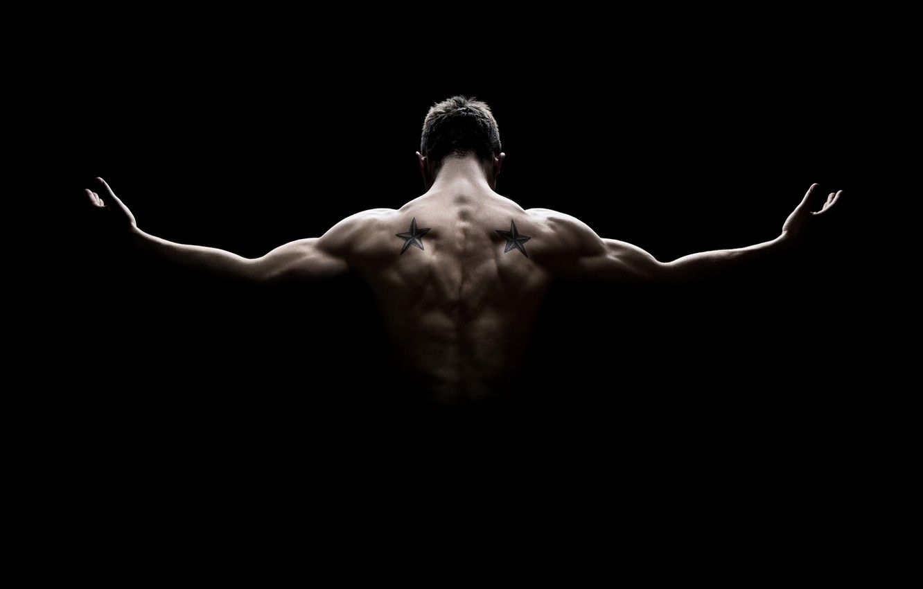 Wallpaper man, muscles, pose, back, strength, shadow image