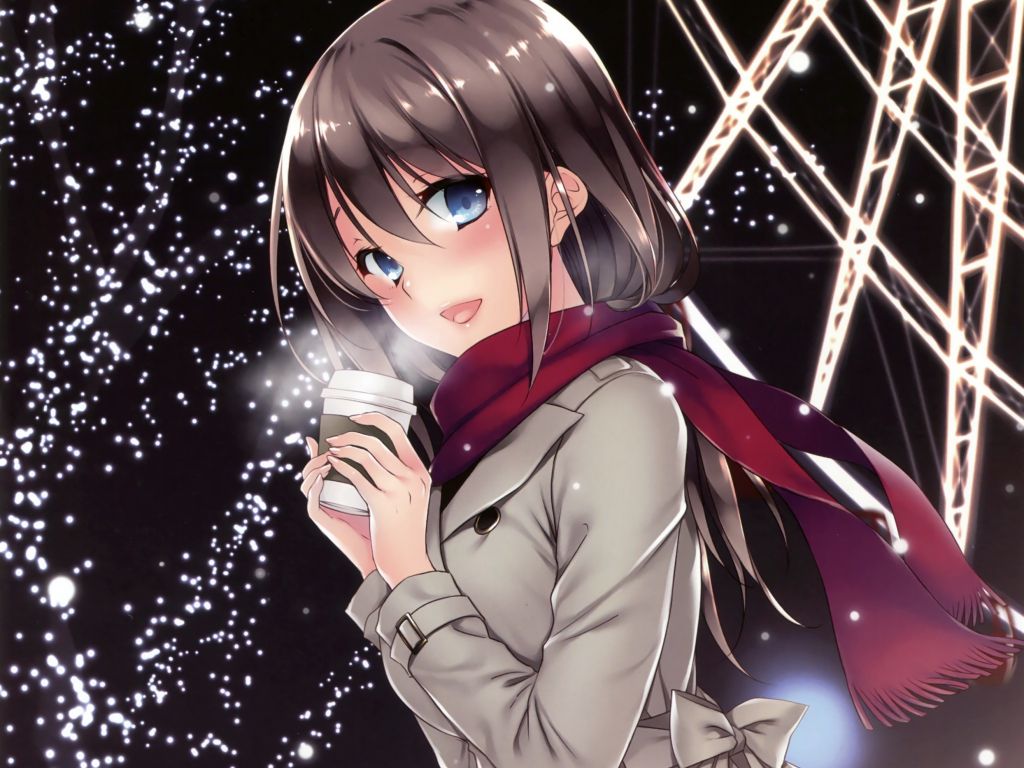 Desktop wallpaper drink, coffee, anime girl, winter, HD image, picture, background, 0a5b2b