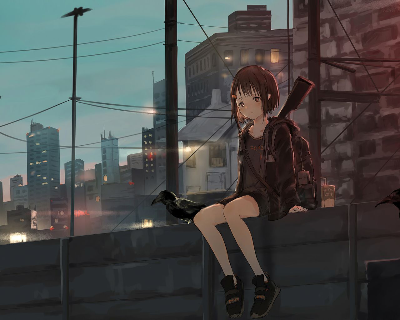 Anime Girl Sitting Alone Roof Sad 4k 1280x1024