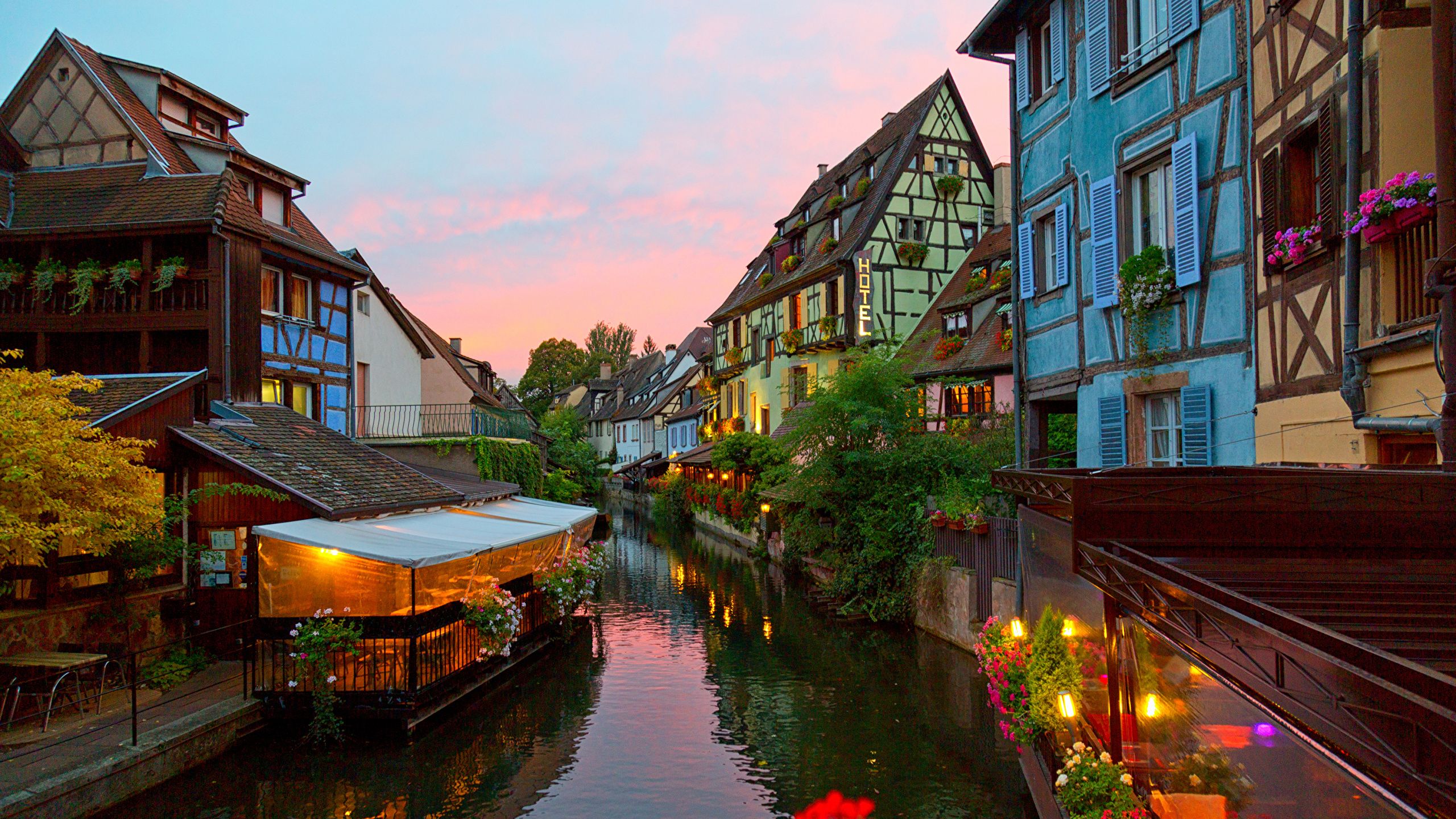 image France Colmar Canal Evening Street lights Cities 2560x1440