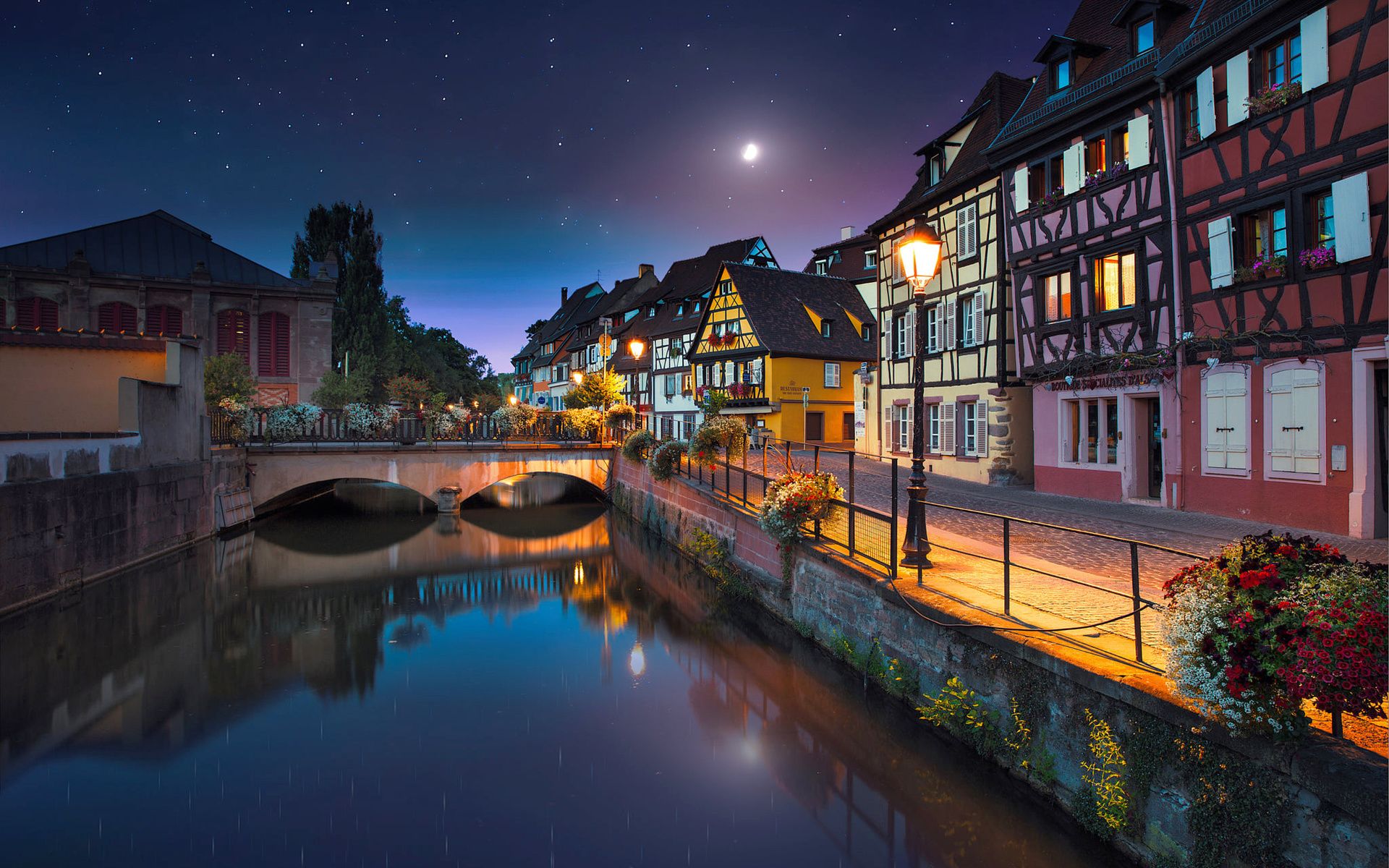Download wallpaper Colmar, canal, street, nightscapes, France
