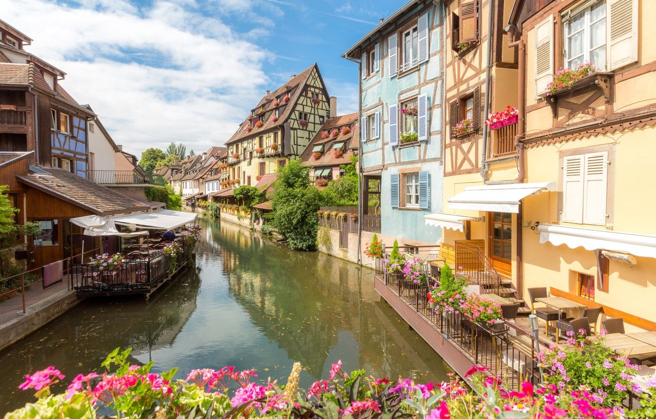 Wallpaper river, street, France, home, France, flowers, street, buildings, town, cityscape, canal, Colmar image for desktop, section город