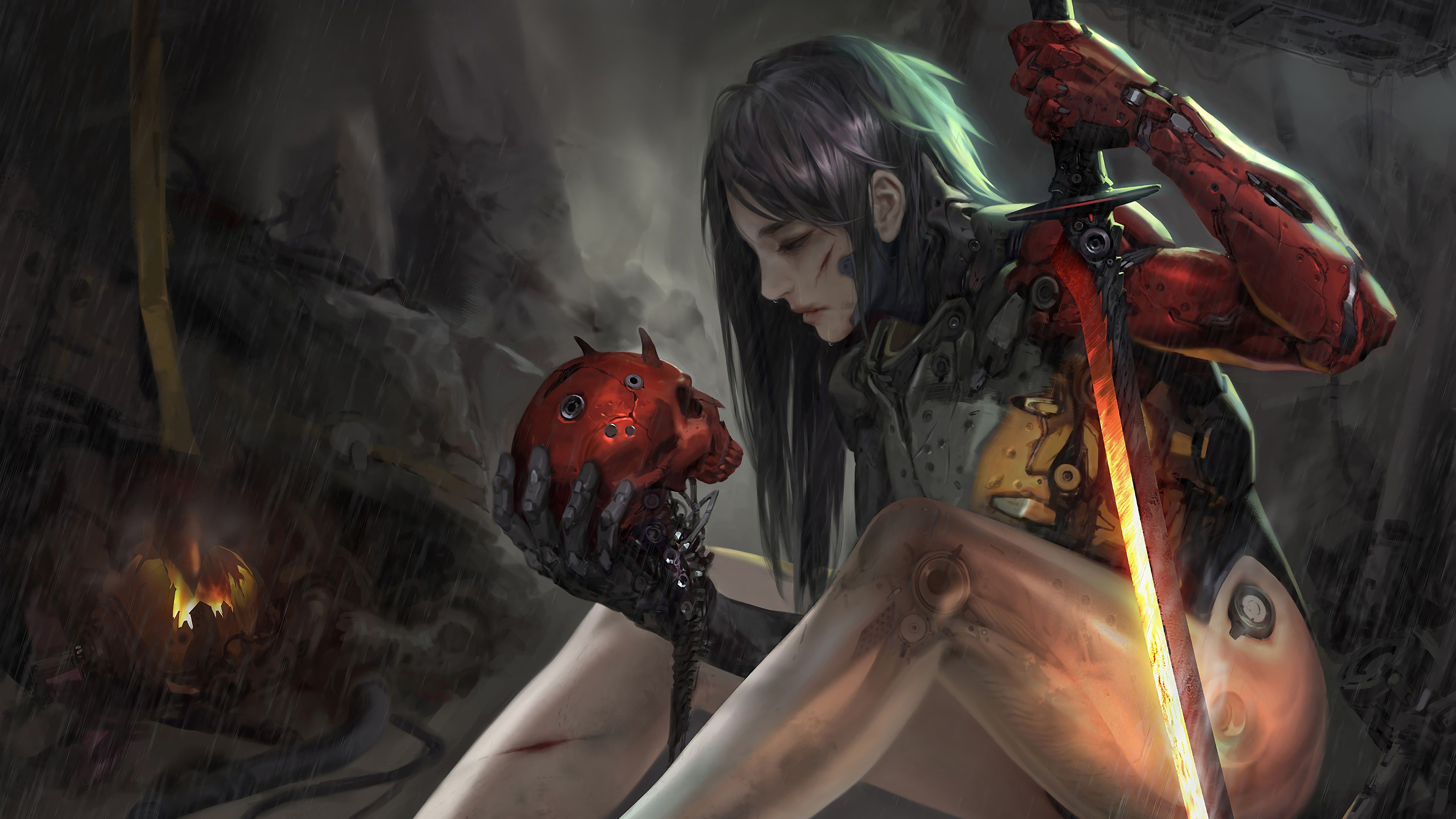 Sci Fi Girl Sword Skull 4K Wallpaper