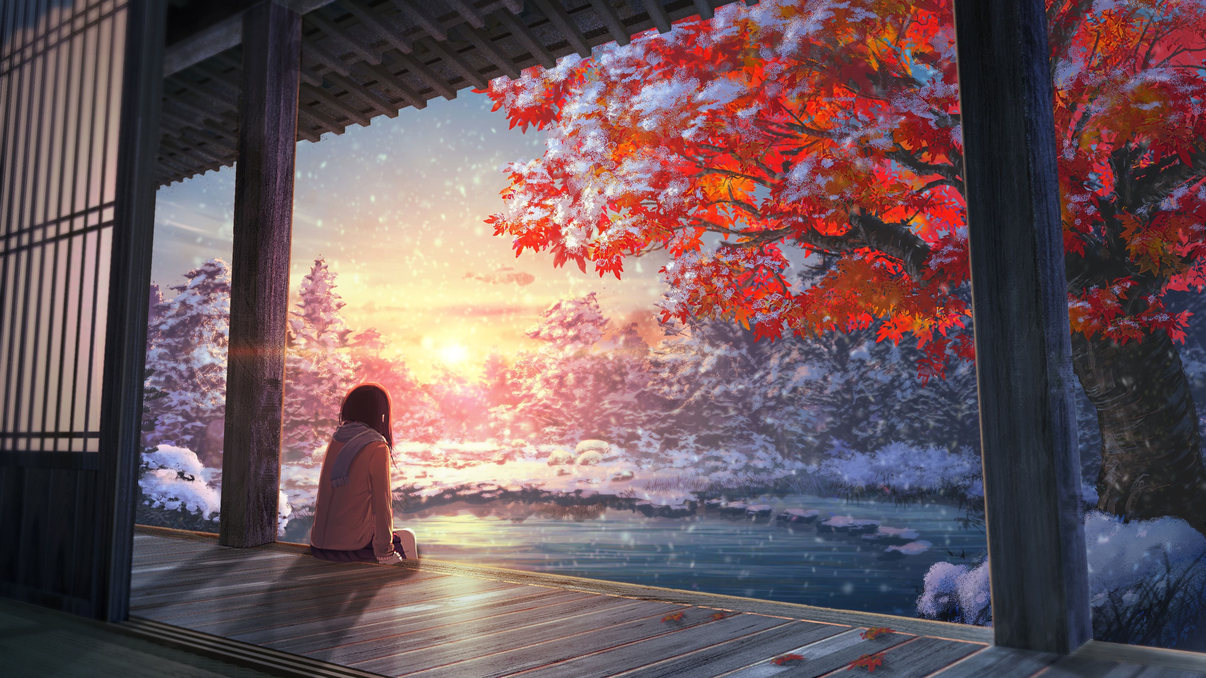 Landscape Sunset Anime Art Girl Scenery 4K