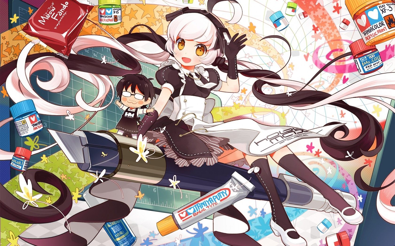 Download 1680x1050 Anime Girl, Loli, White Hair, Art Tools, Chibi