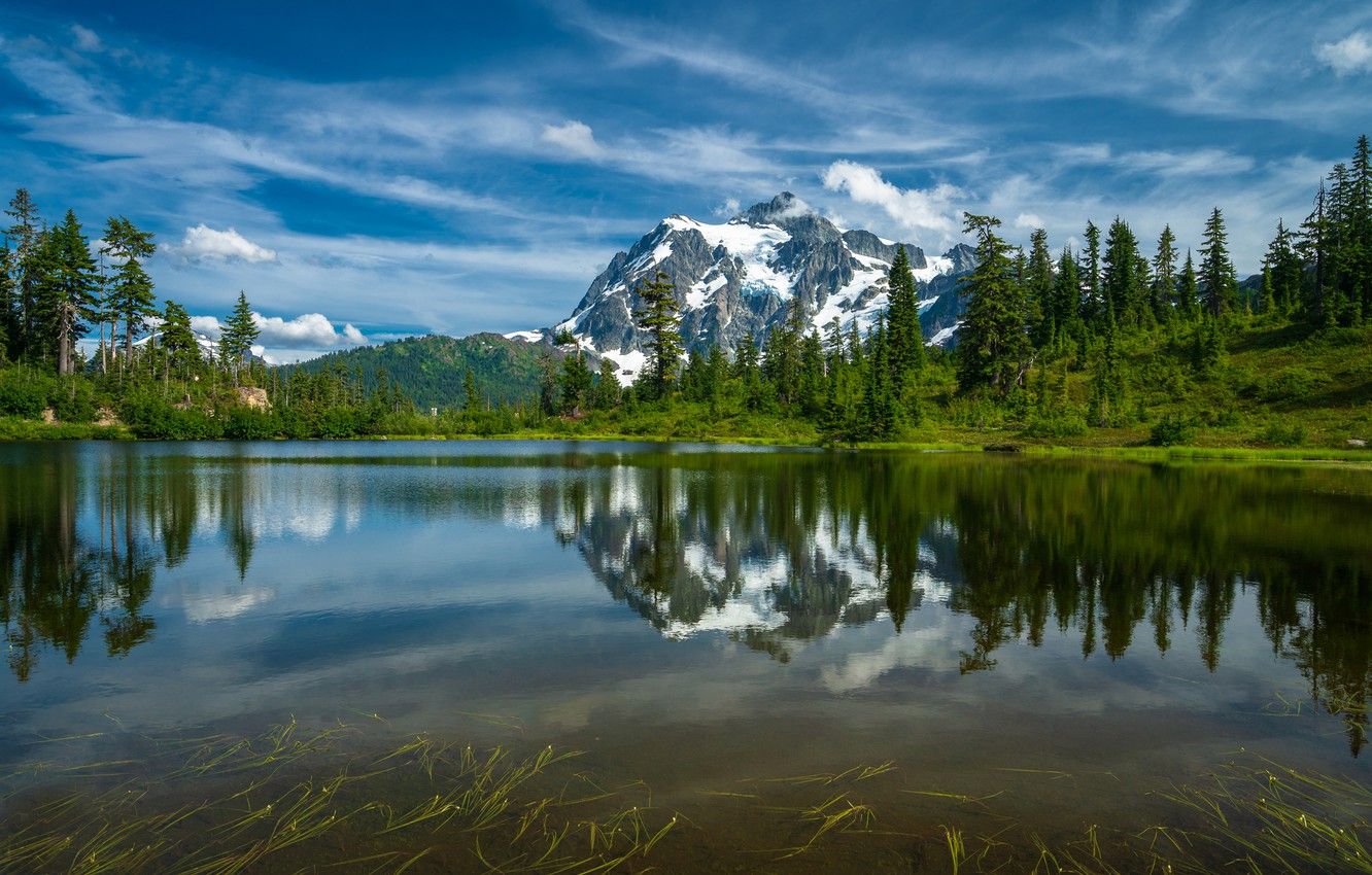 Wallpaper trees, mountains, lake, reflection, Mountain Shuksan