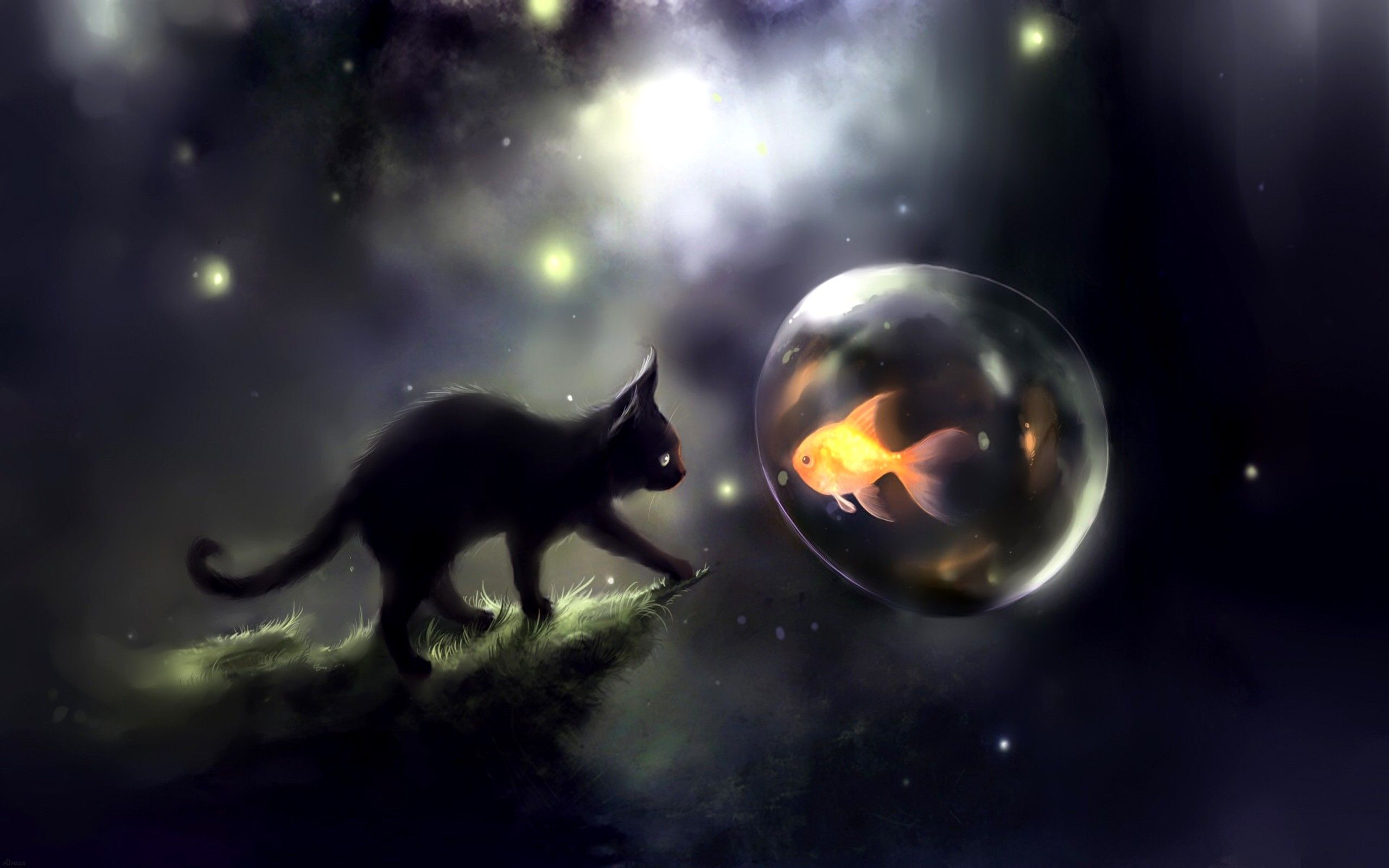 #goldfish, #artwork, #Apofiss, #bubbles, #black cats