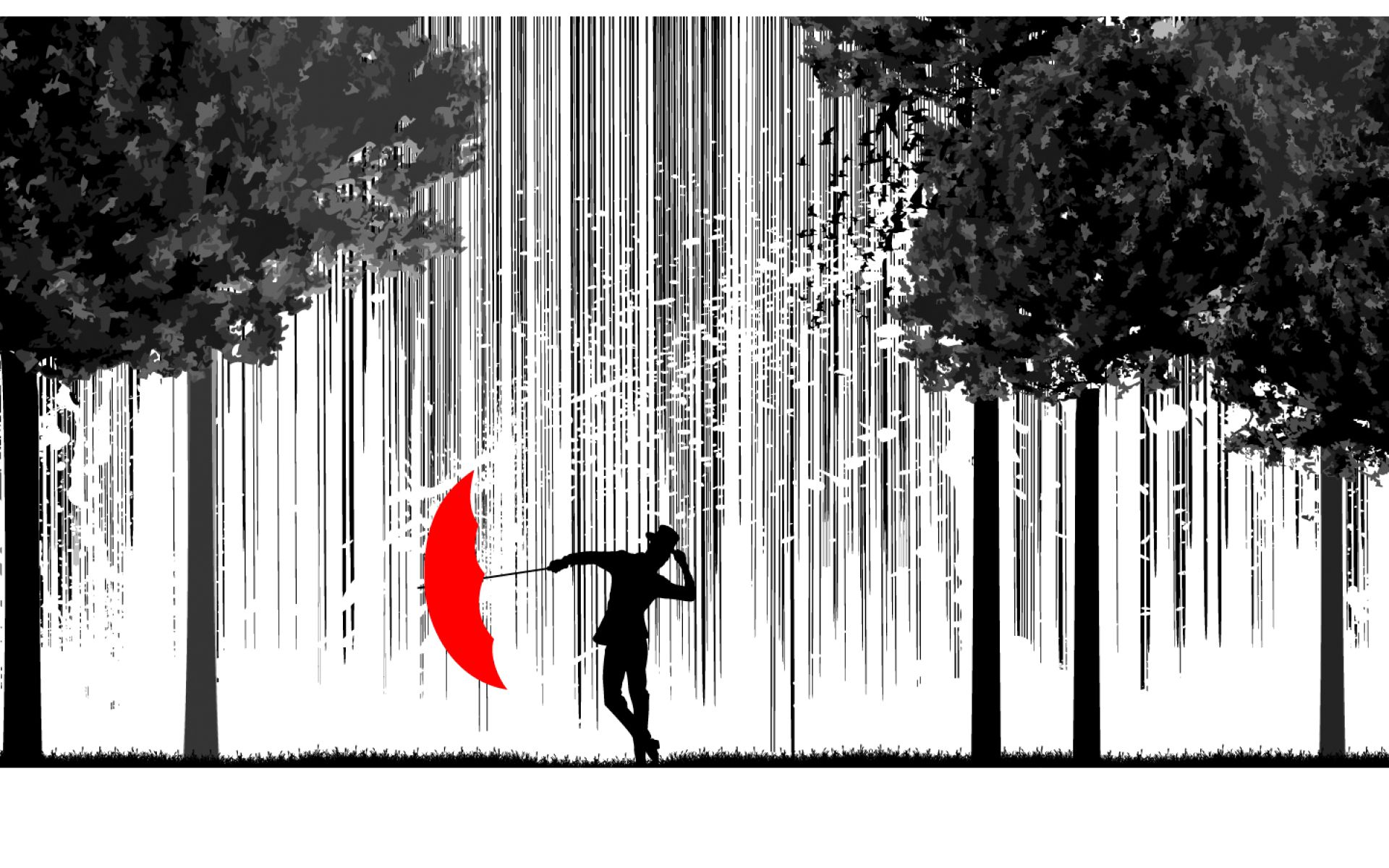 Download wallpaper trees, rain, umbrella, silhouette, section