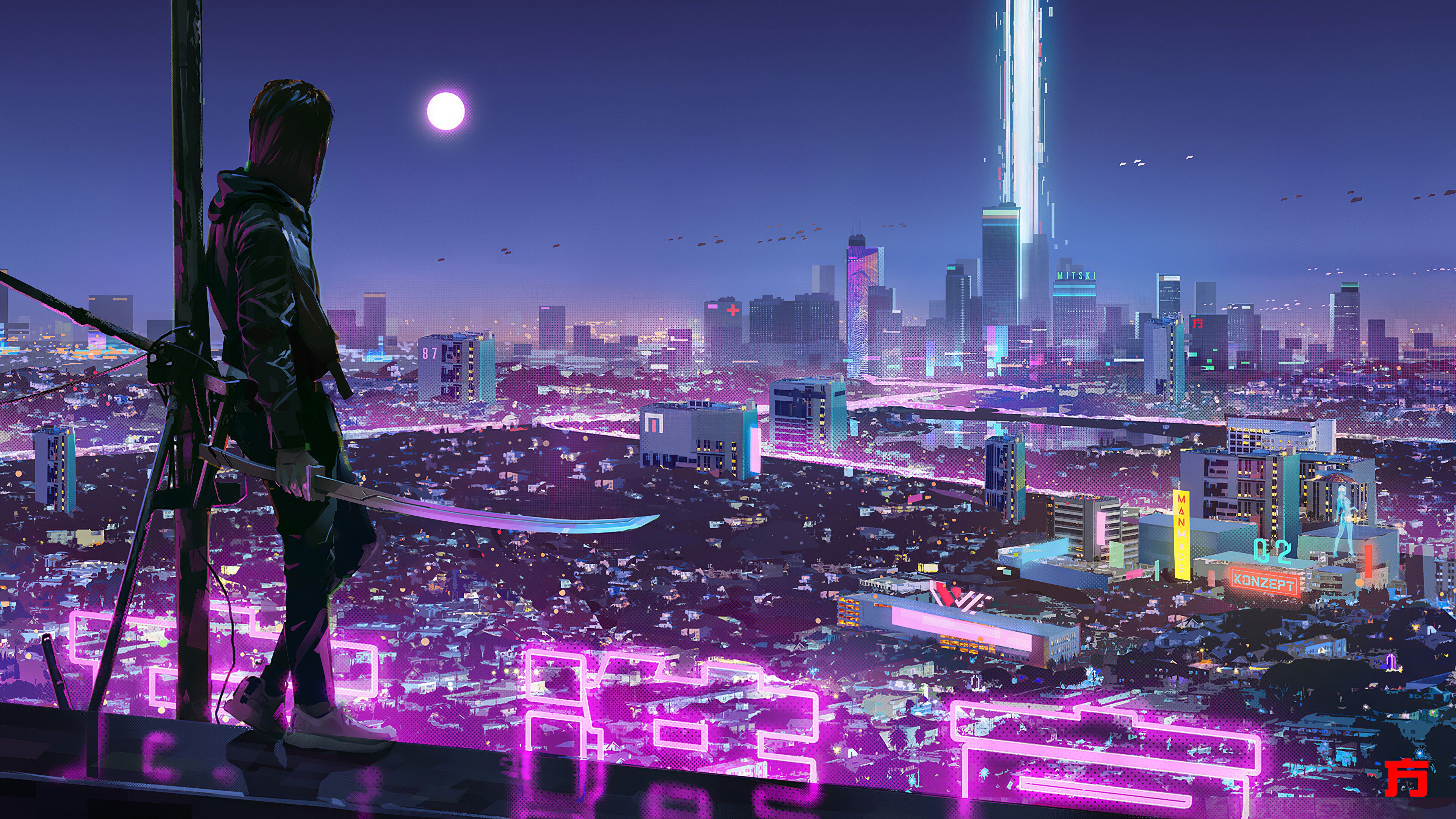 Ninja Katana Sci Fi City Neon Lights Wallpaper 4k Ultra HD