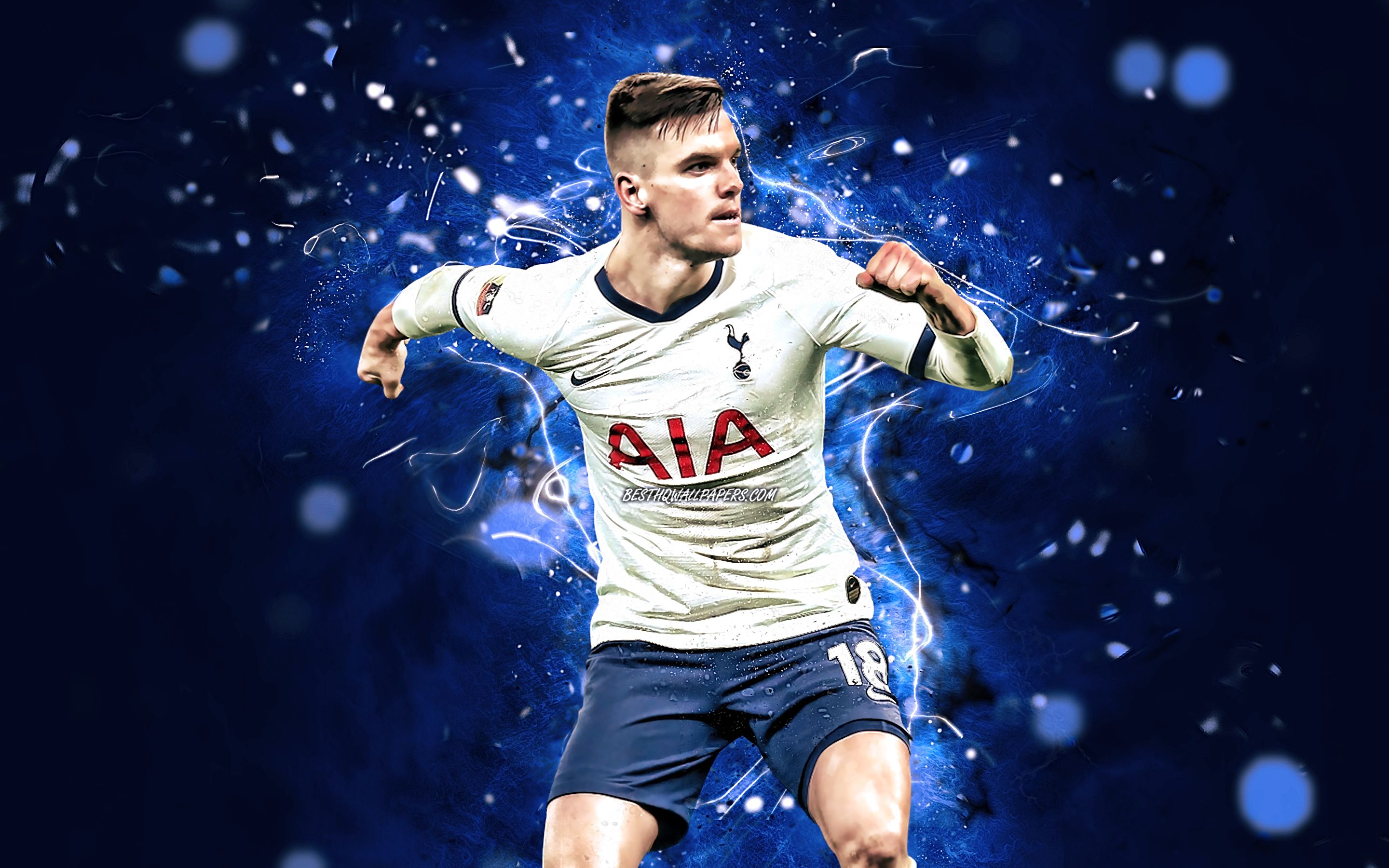 Download wallpaper Giovani Lo Celso, Tottenham Hotspur FC, Argentine footballers, soccer, Lo Celso, Premier League, neon lights, Tottenham FC, Giovani Lo Celso Tottenham for desktop with resolution 2880x1800. High Quality HD