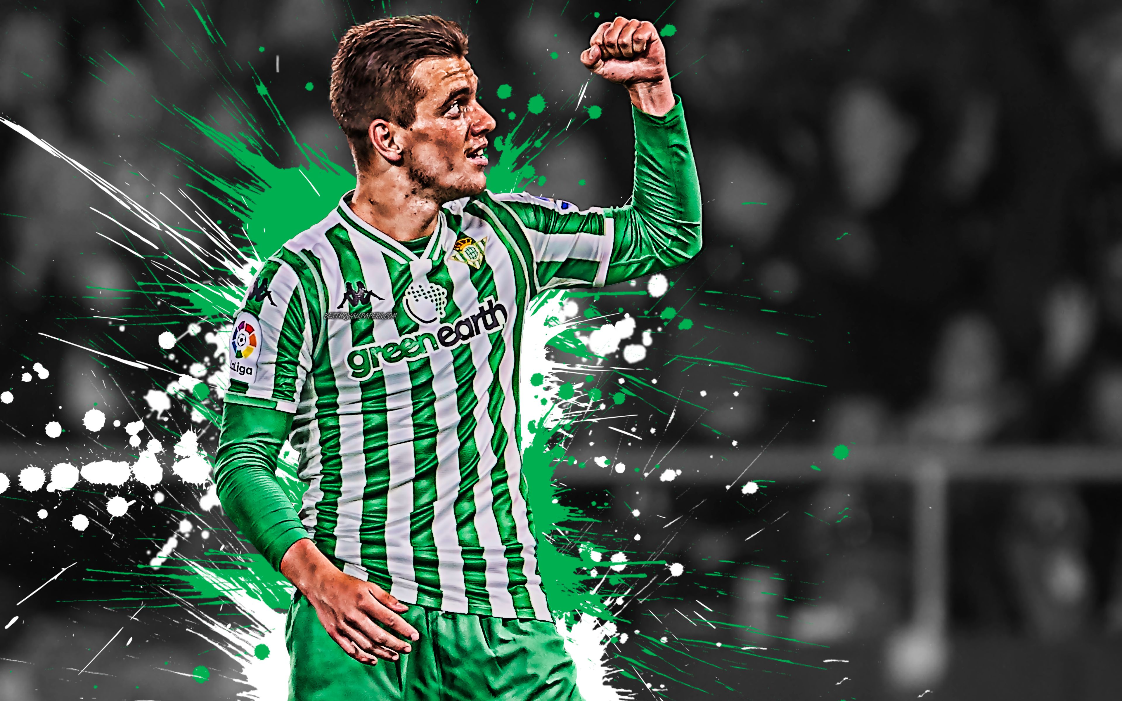 Download wallpaper Giovani Lo Celso, 4k, Argentinian football player, Real Betis, Midfielder, green white paint splashes, creative art, La Liga, Spain, football, grunge for desktop with resolution 3840x2400. High Quality HD picture