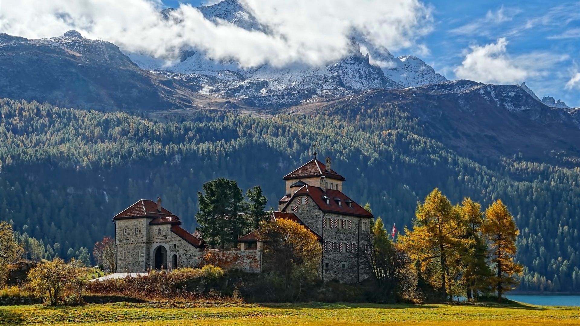 Wallpaper Switzerland, mountains, castle, clouds, trees, autumn