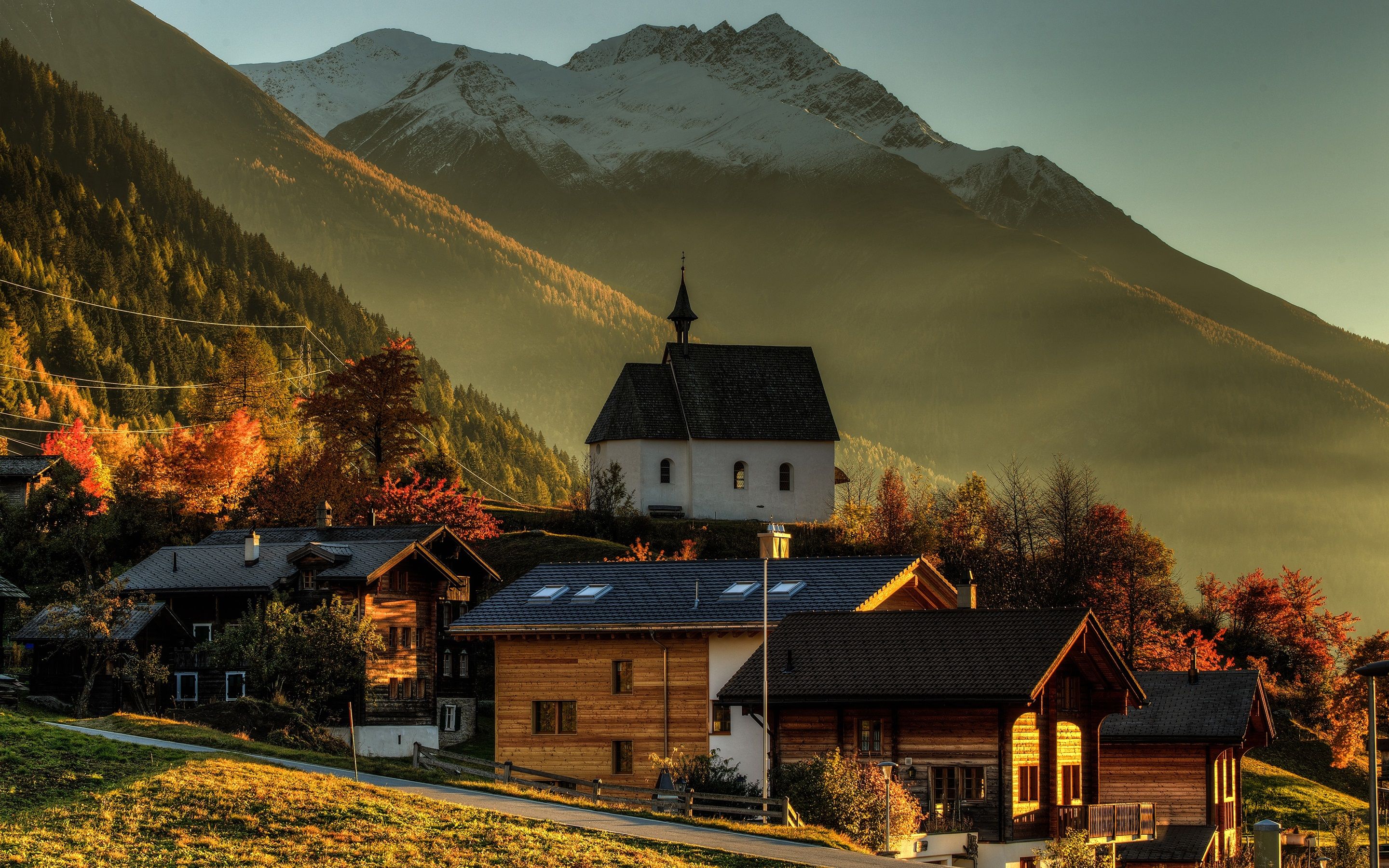 Wallpaper Switzerland, Wallis, houses, mountains, trees, morning