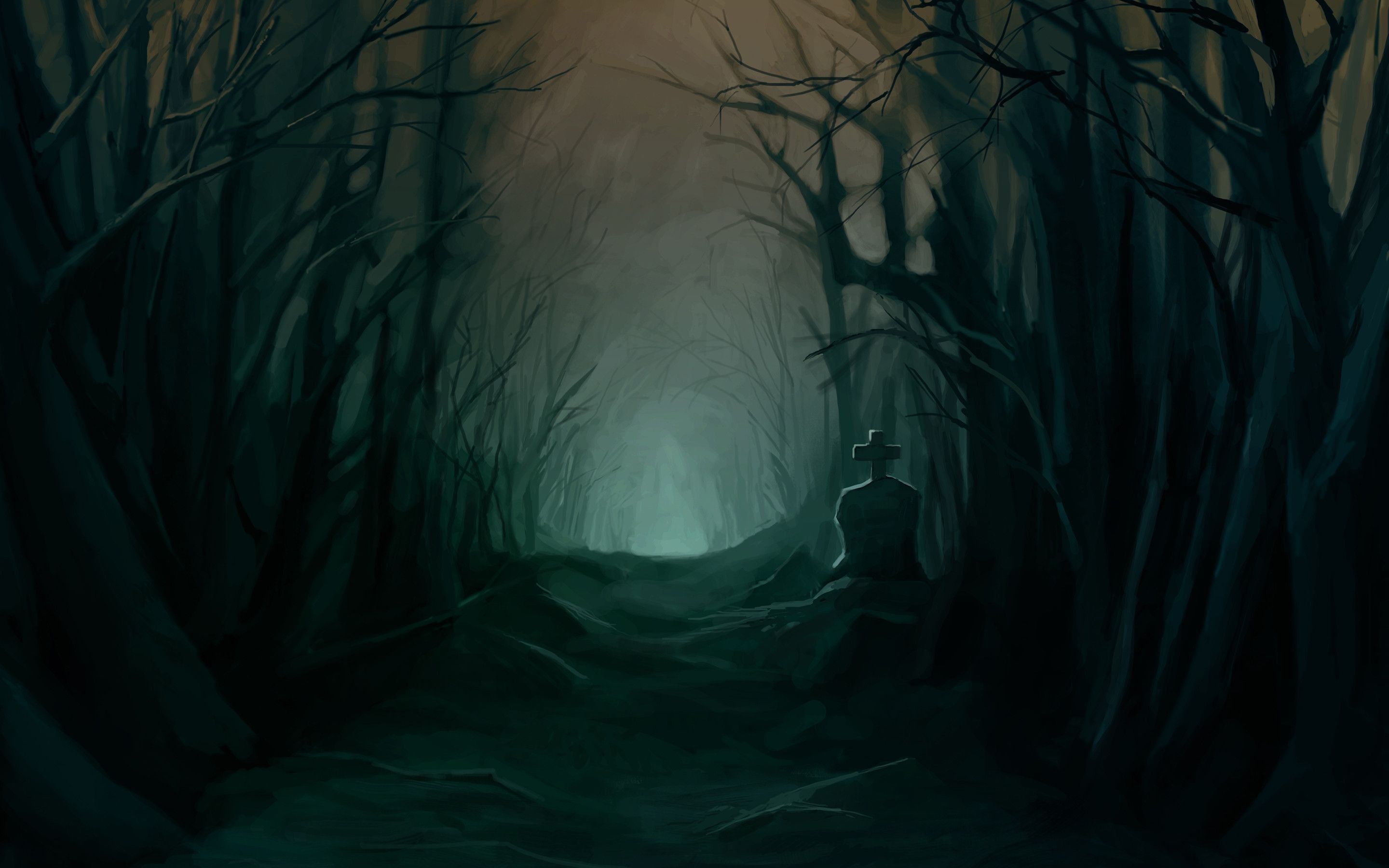 Download 2880x1800 Dark Forest, Creepy, Grave, Path, Scary, Trees