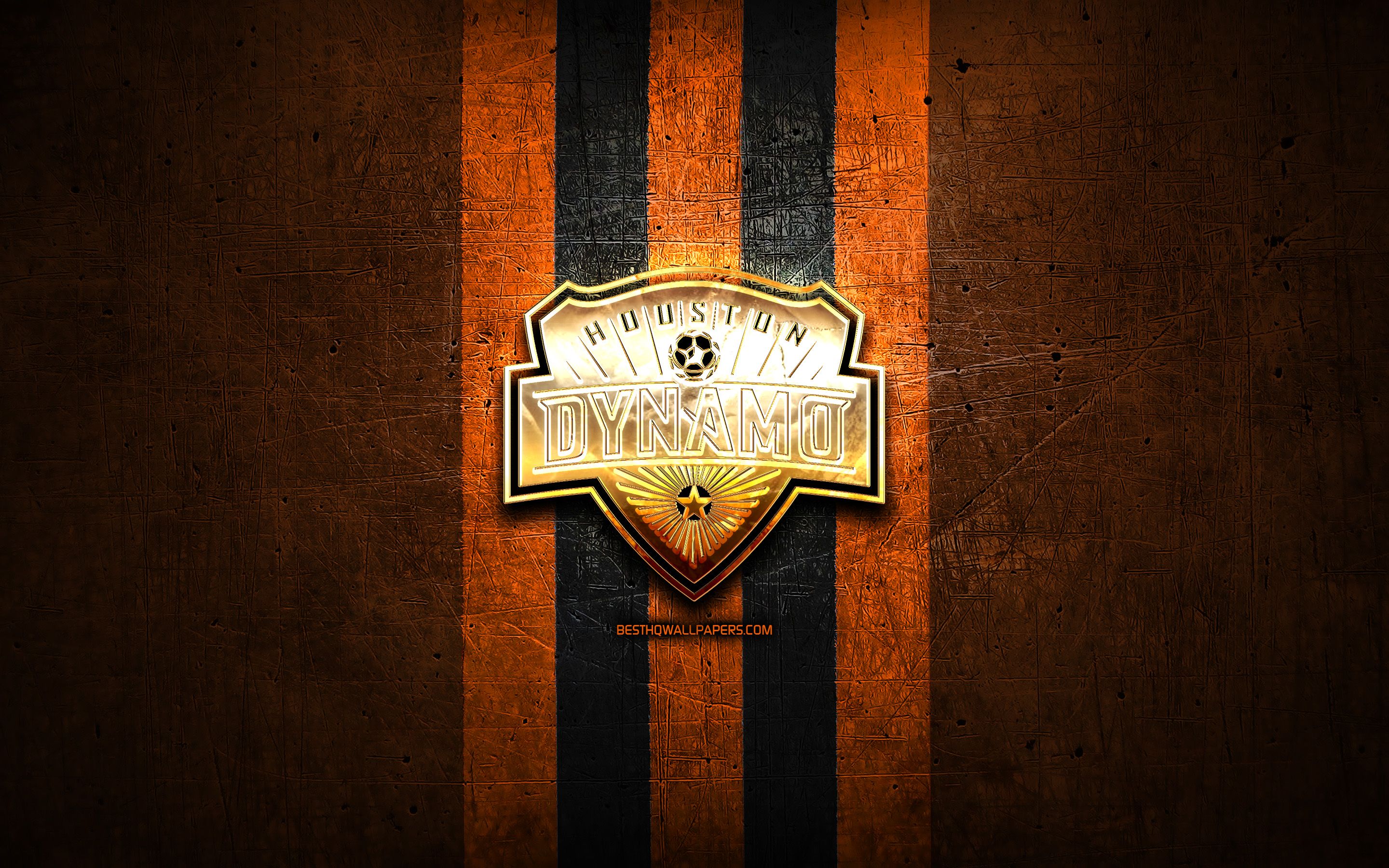 Download wallpaper Houston Dynamo FC, golden logo, MLS, orange