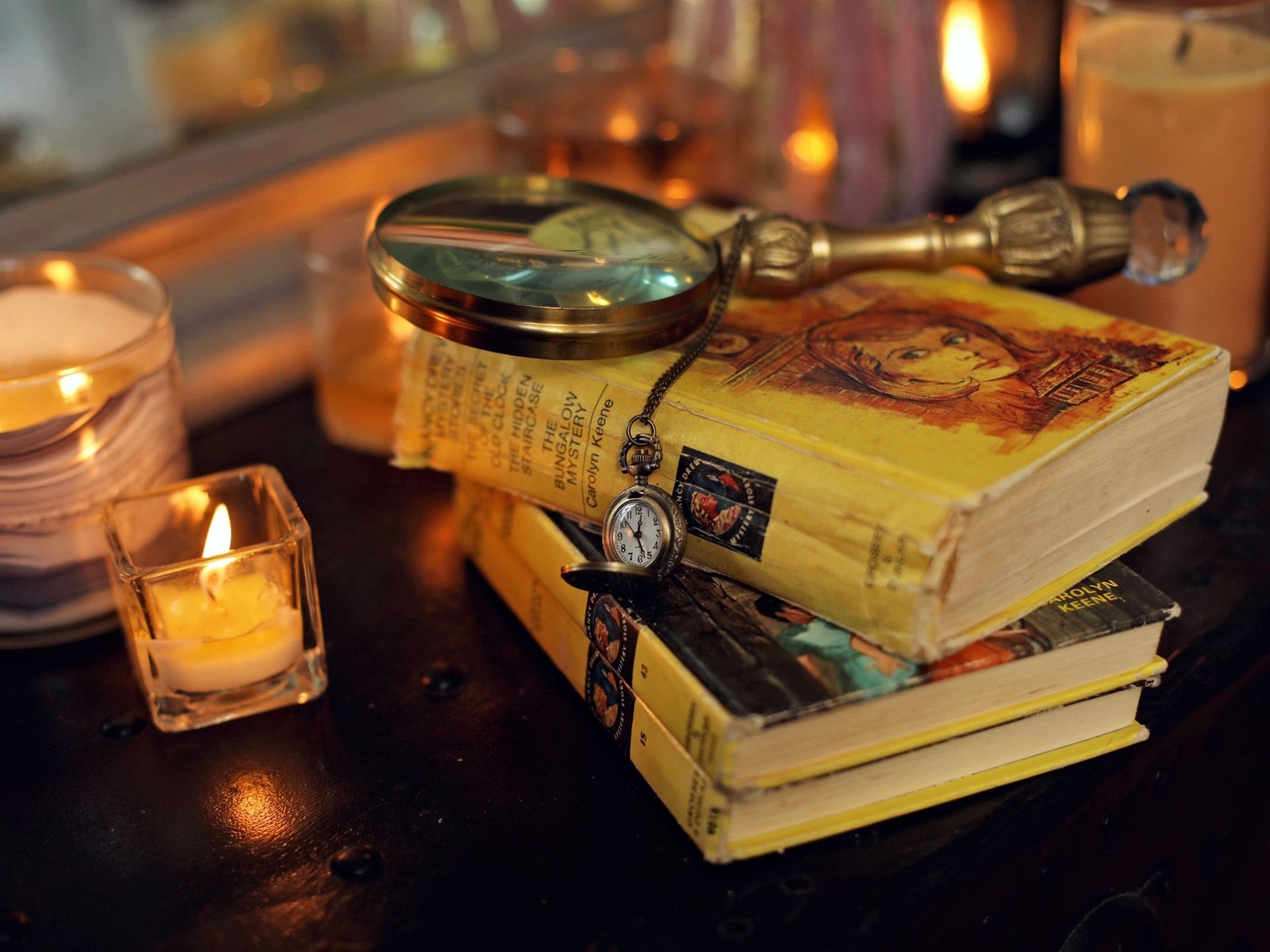 Wallpaper Books, magnifying glass, pocket watch, candles, still