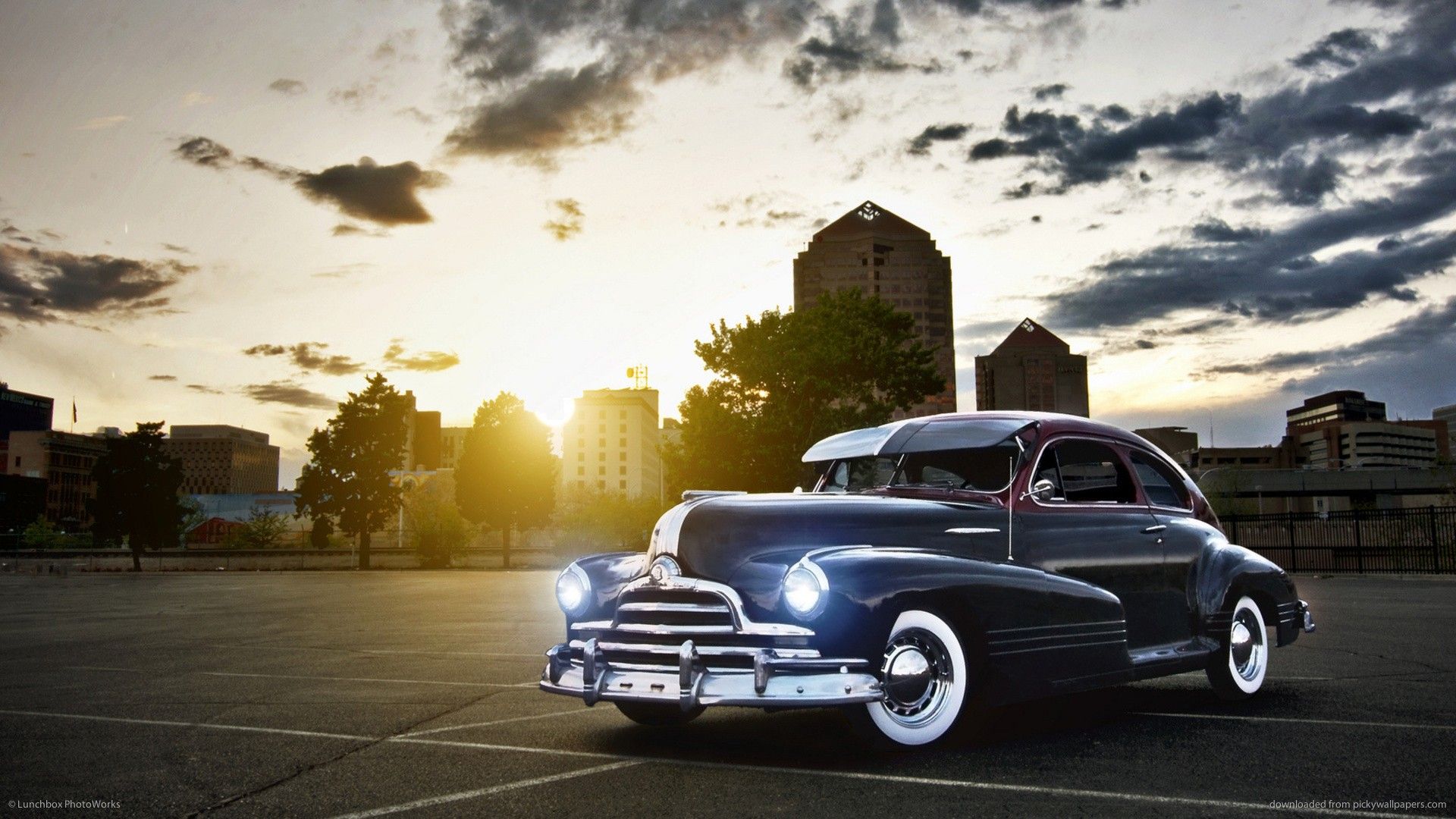 Retro classic cars buildings cities sunset sky clouds wallpaperx1080