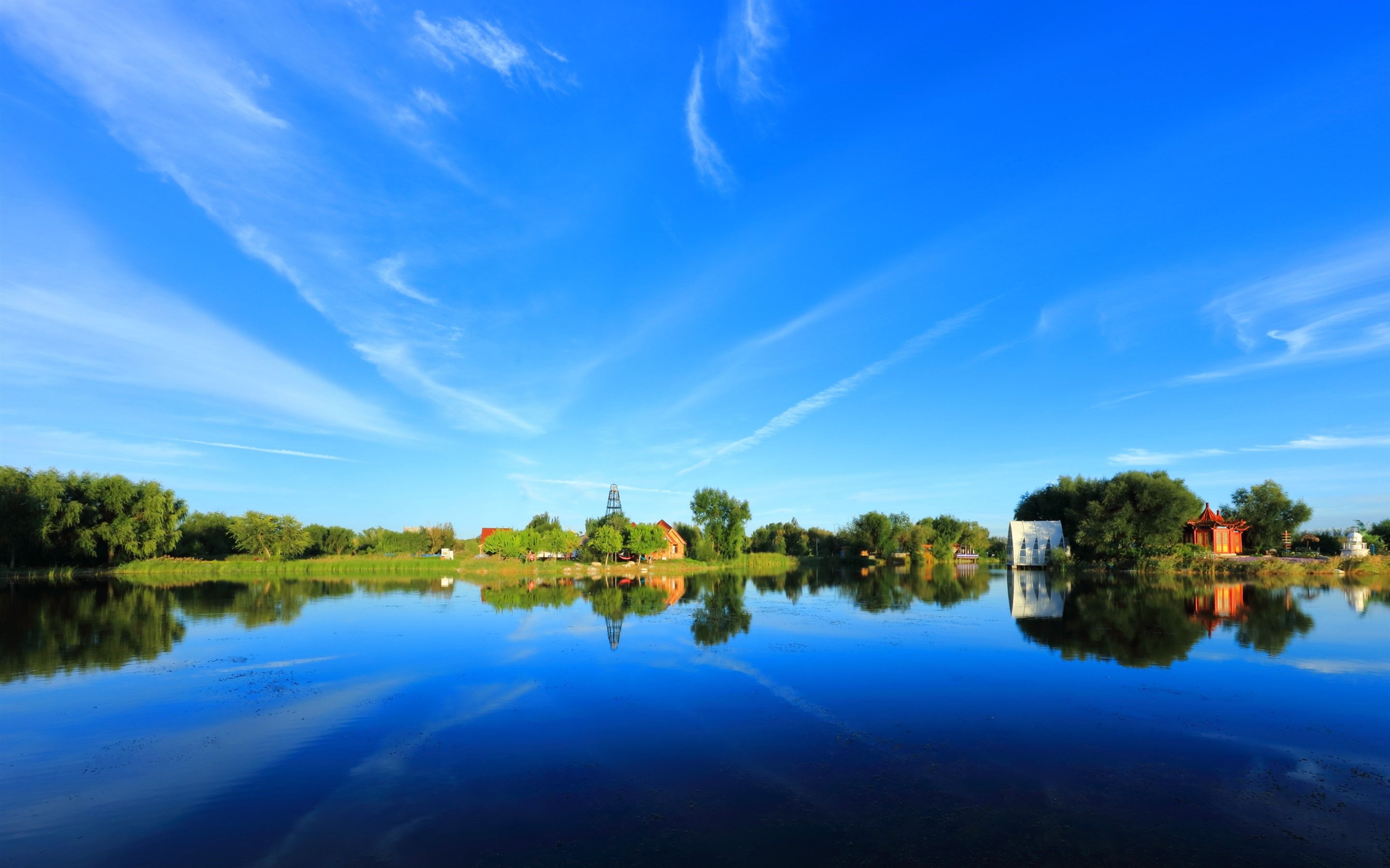 Wallpaper Beautiful park, lake, trees, water reflection, blue sky