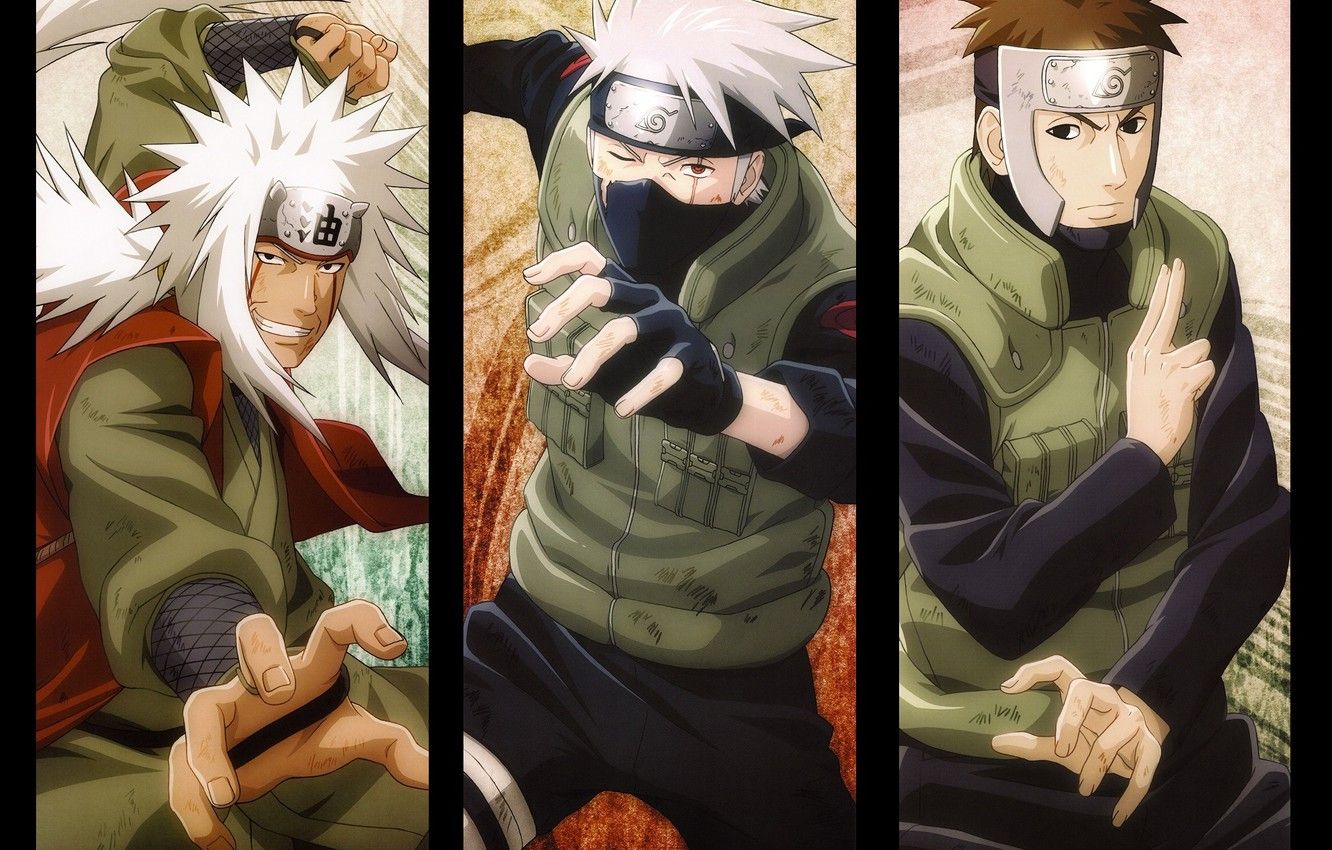 Wallpaper look, hand, Naruto, gesture, grin, vest, ninja, sharingan, ninja, ninjutsu, Jiraiya, Hatake Kakashi, Konoha, captain Yamato, bandage on forehead image for desktop, section сёнэн