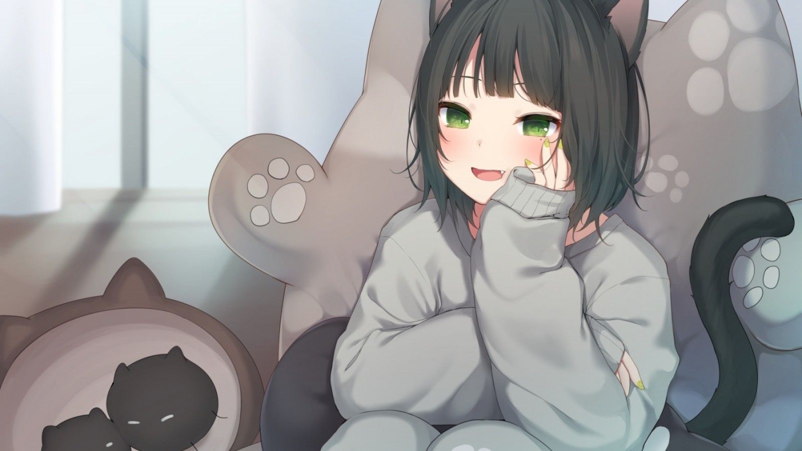 Download 1600x900 Anime Cat Girl, Black Hair, Tail, Animal Ears