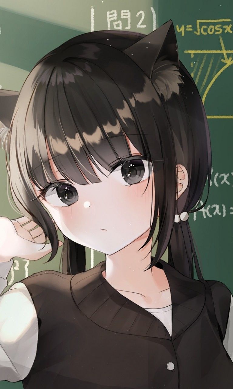 Premium AI Image | anime girl with black hair and green eyes with cat ears  generative ai