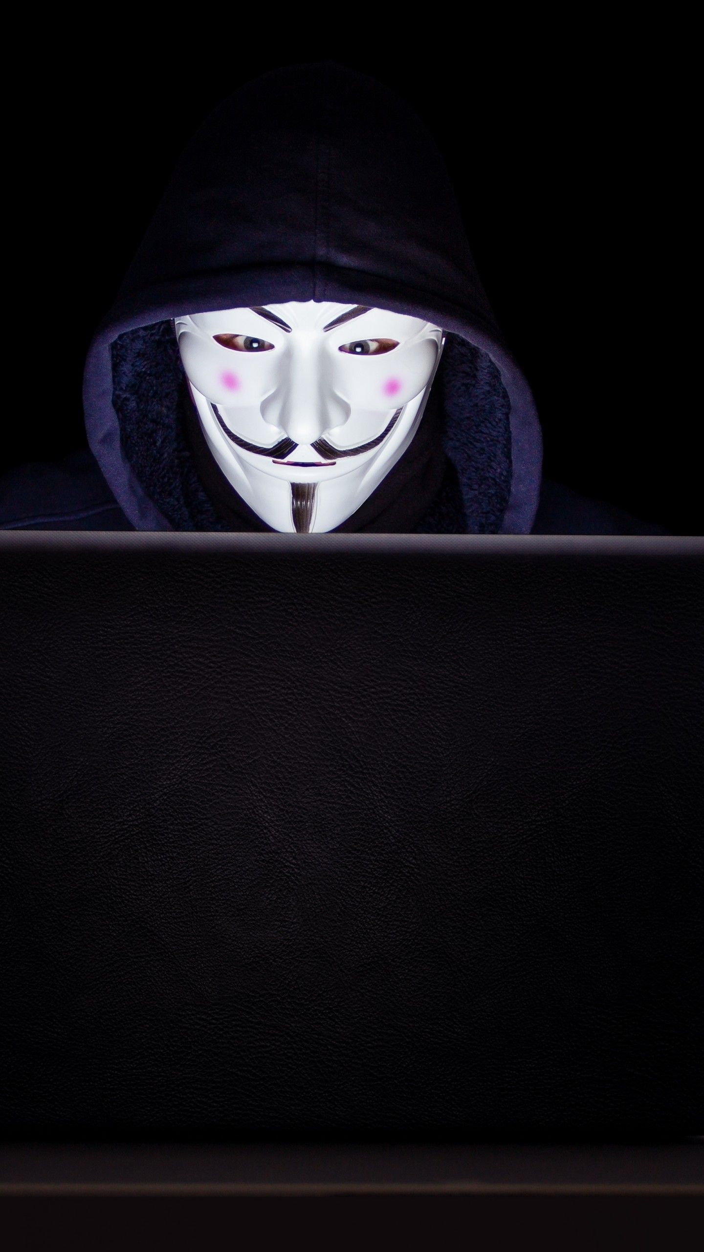 Anonymous 4K Wallpaper, Hacker, Laptop, Black background, 5K
