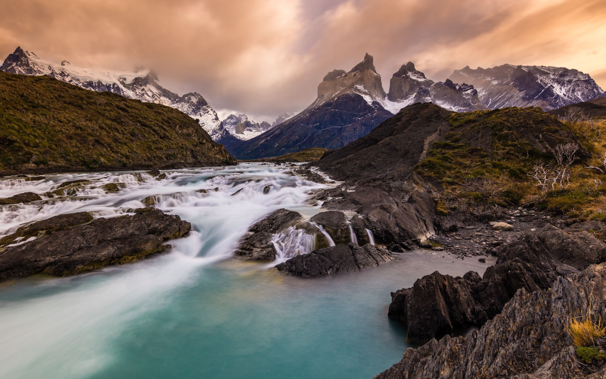Download wallpaper Andes, mountains, sunset, mountain river, Chile, Patagonia, Torres del Paine National Park for desktop with resolution 2560x1600. High Quality HD