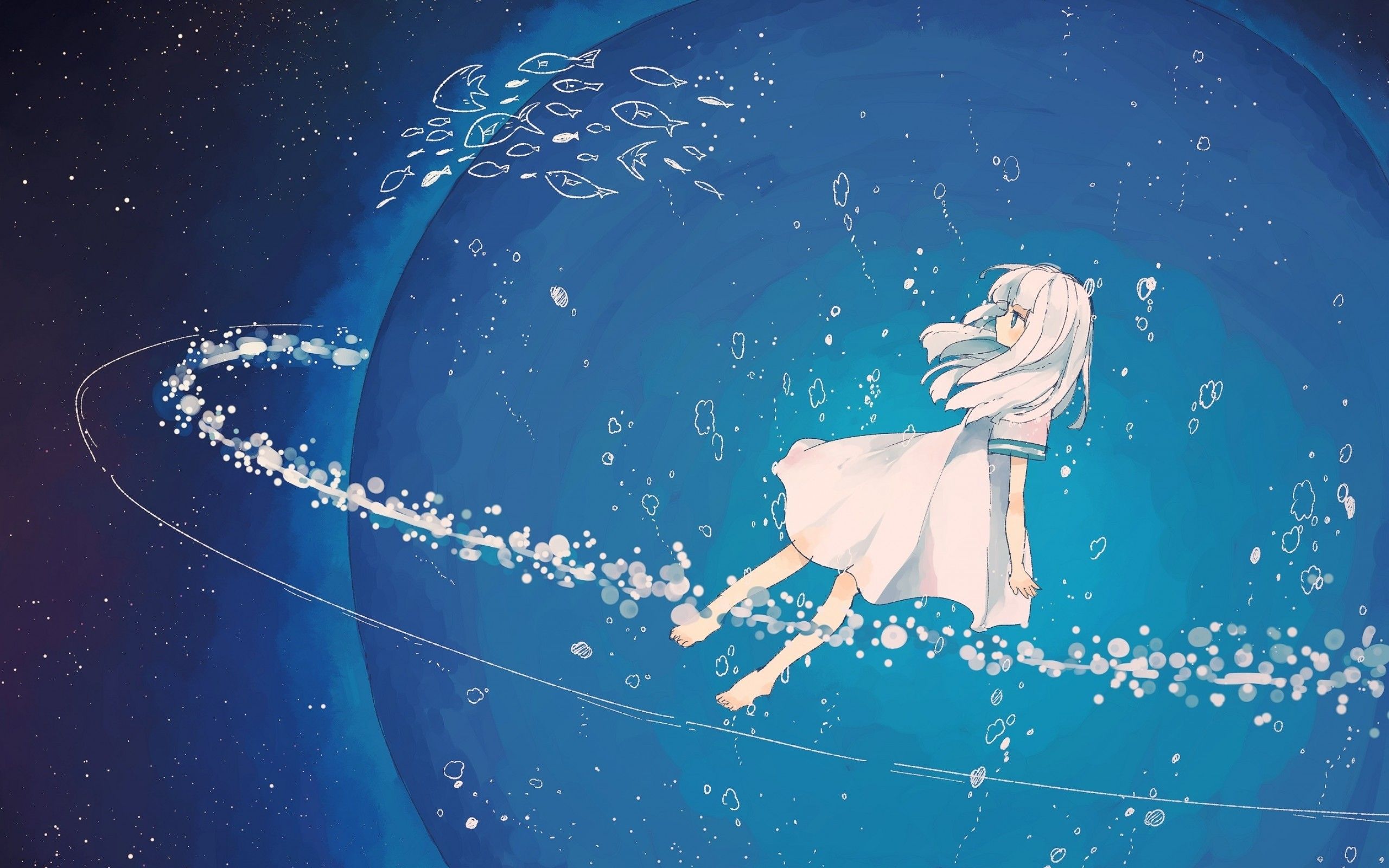 Download 2560x1600 Anime Girl, Floating, Galaxy, Stars, White