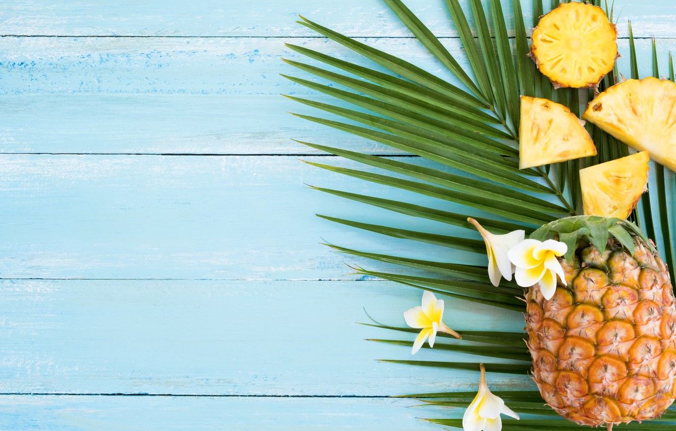 Wallpaper summer, fruit, pineapple, fresh, wood, slices, flowers