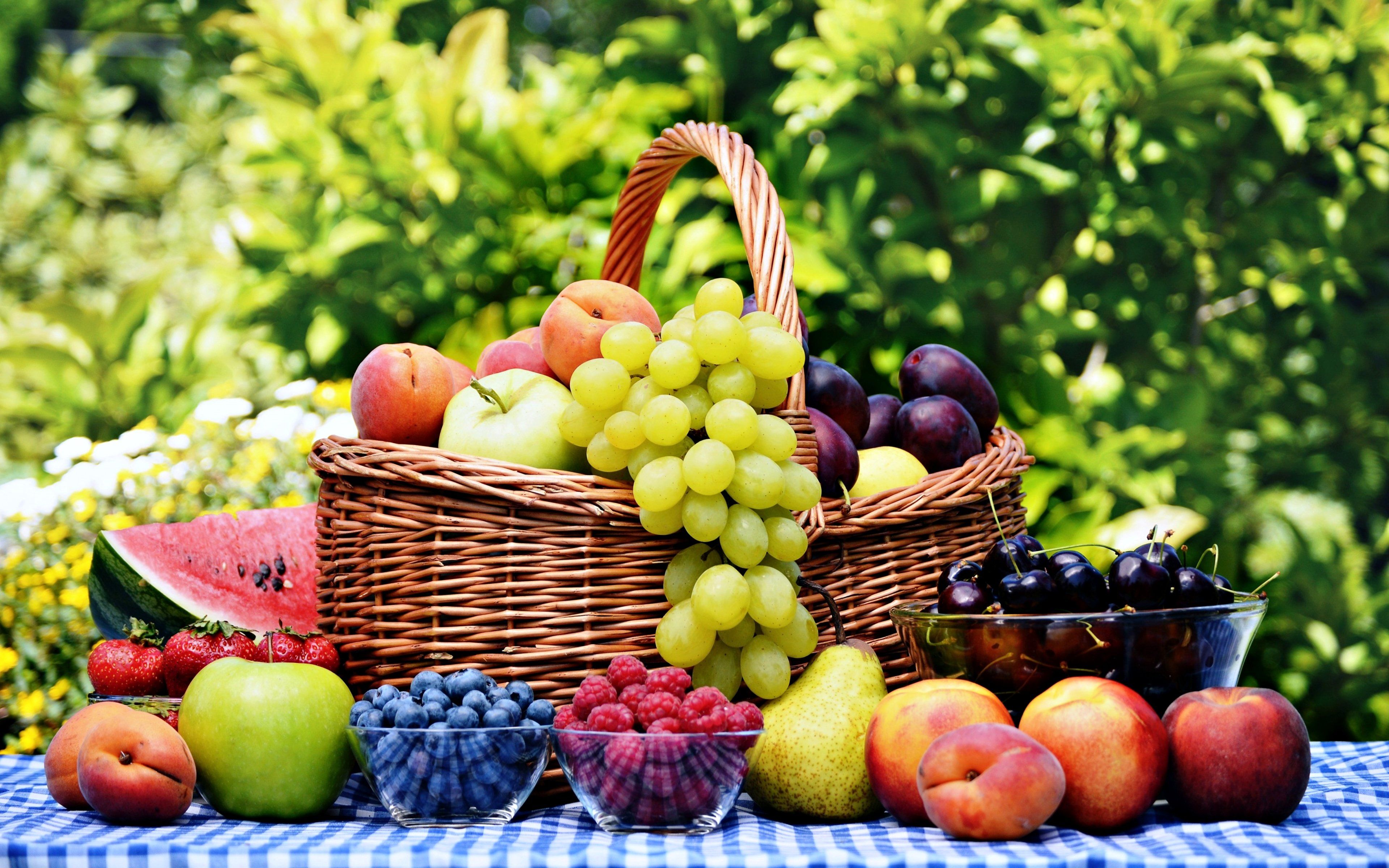 fruits, Basket, Grape, Strawberry, Apple, Watermelon, Blueberry