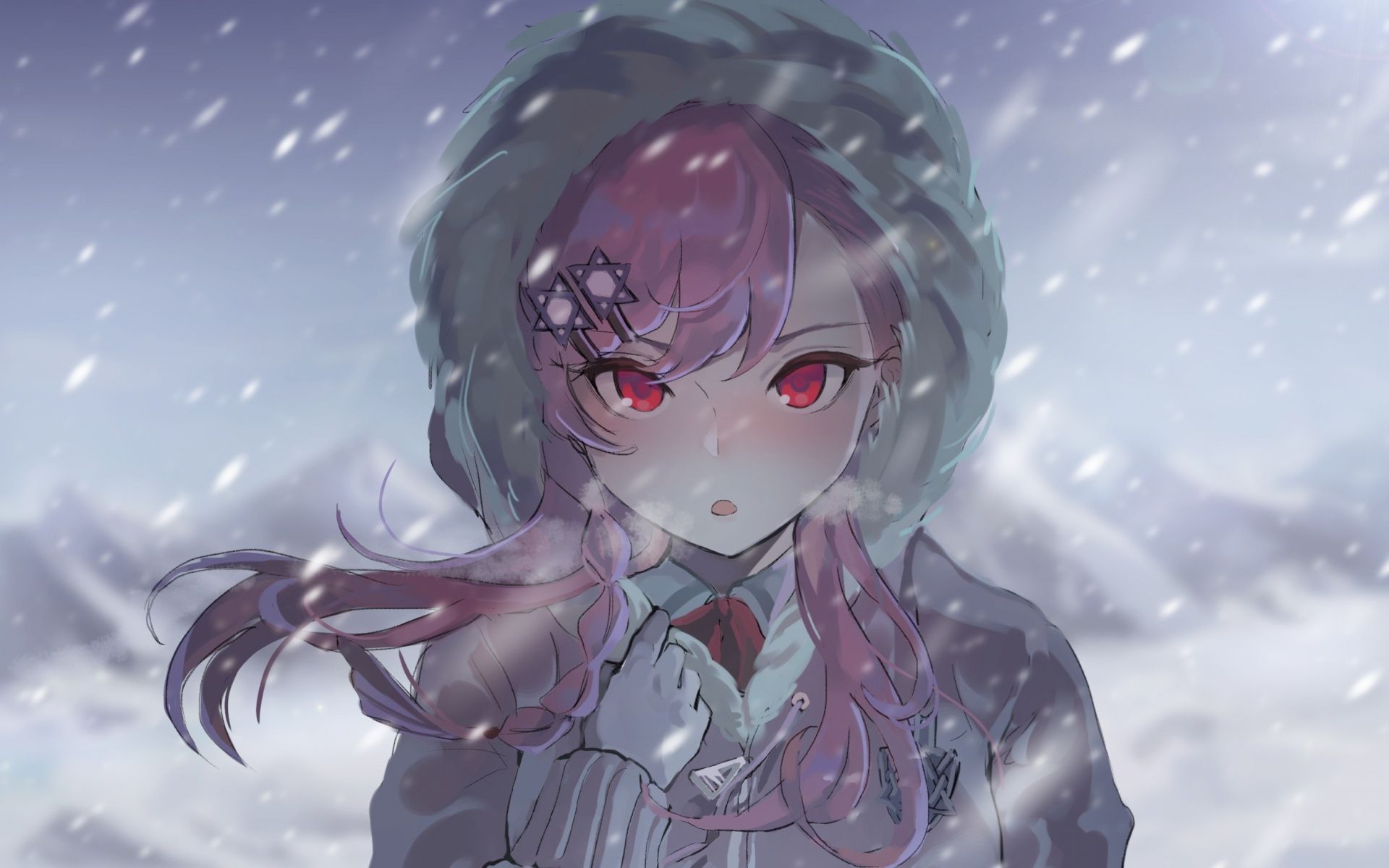 Desktop Wallpaper Pink Hair, Anime Girl, Winter, HD Image, Picture
