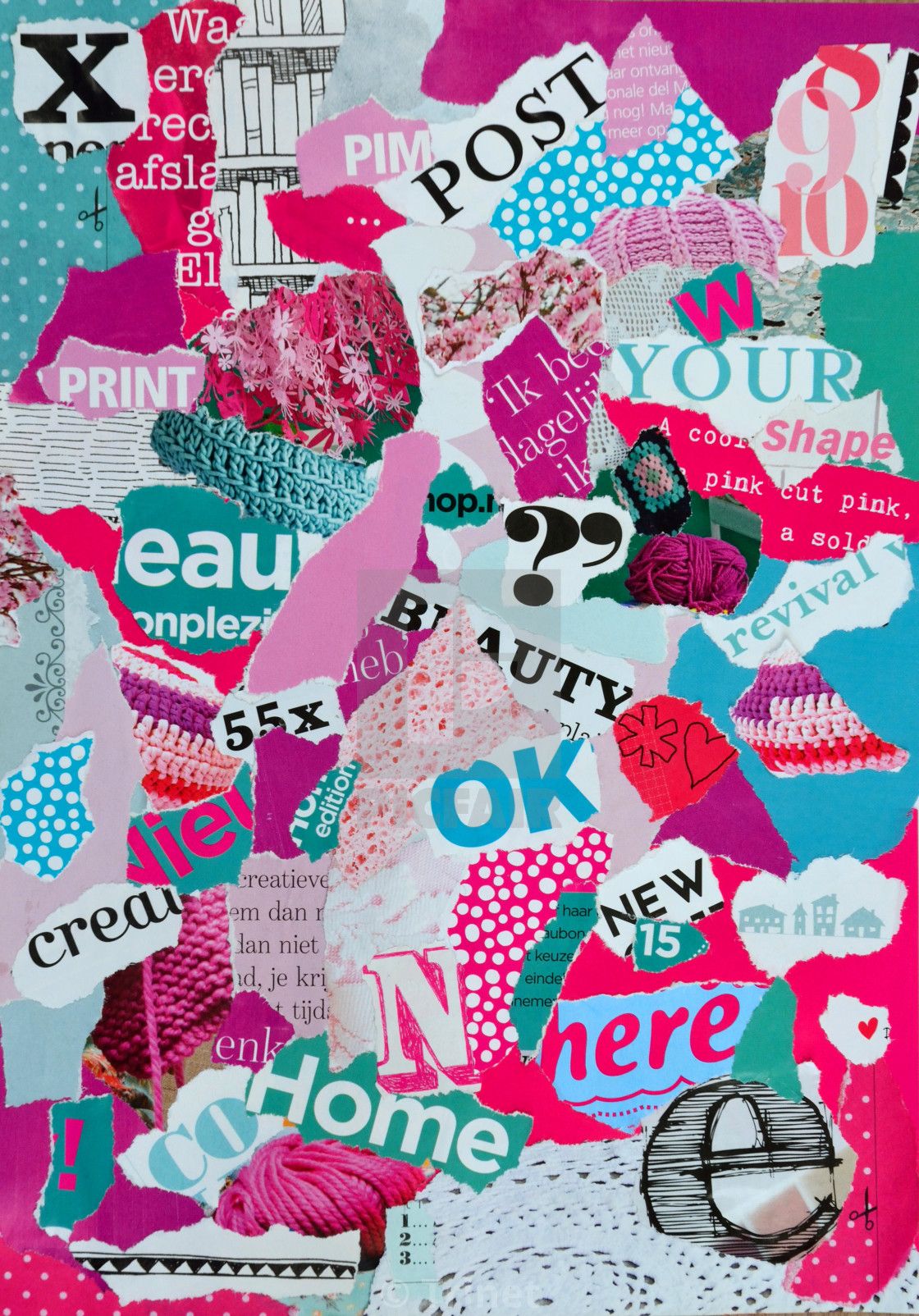 Retro modern image. Pink, aqua, green and purple craft collage mood board. For background and print, download or print for £3.72