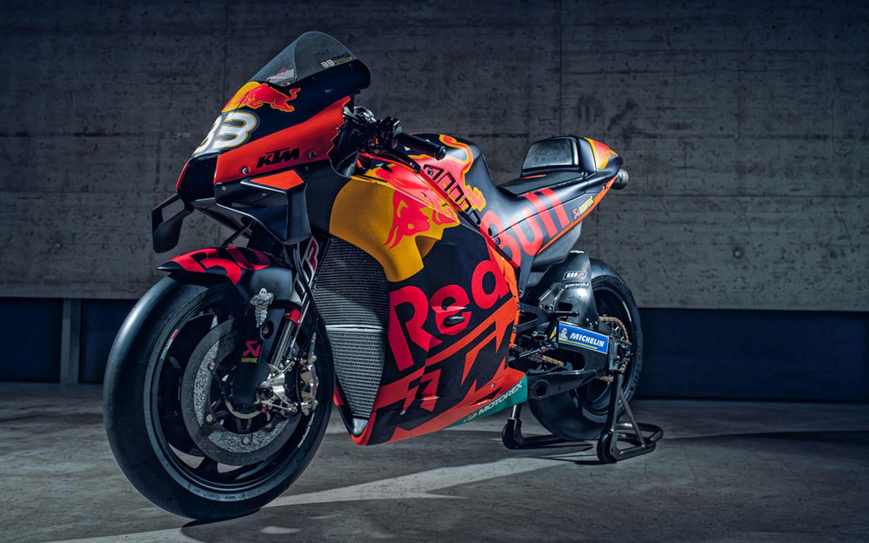 Download wallpaper KTM RC MotoGP, racing motorcycle, front view, RC exterior, austrian sports motorbikes, KTM for desktop with resolution 2880x1800. High Quality HD picture wallpaper