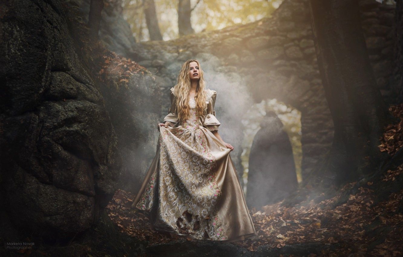 Wallpaper autumn, forest, girl, pose, fog, fright, dress, Barbora, Marketa Novak image for desktop, section девушки