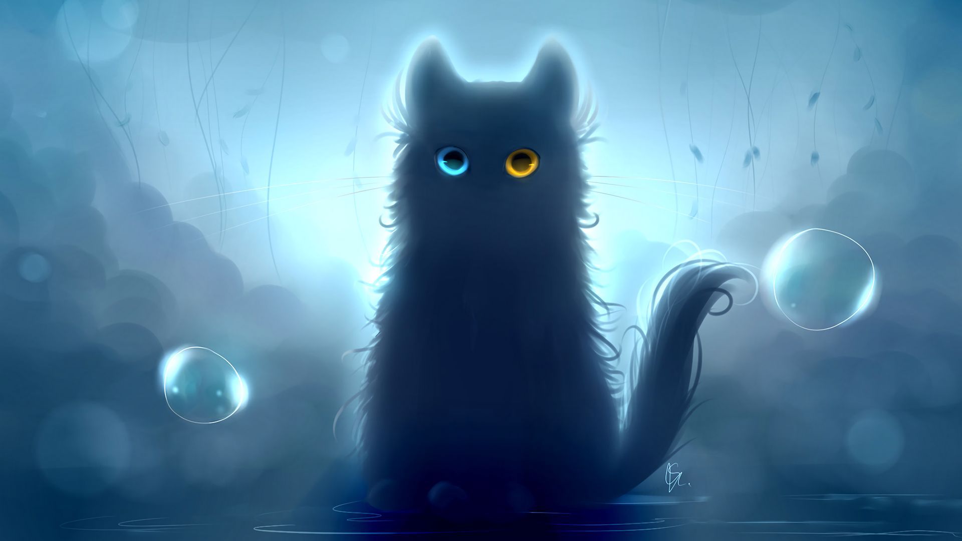 Download wallpaper 1920x1080 cat, heterochromia, black cat, art full hd, hdtv, fhd, 1080p HD background