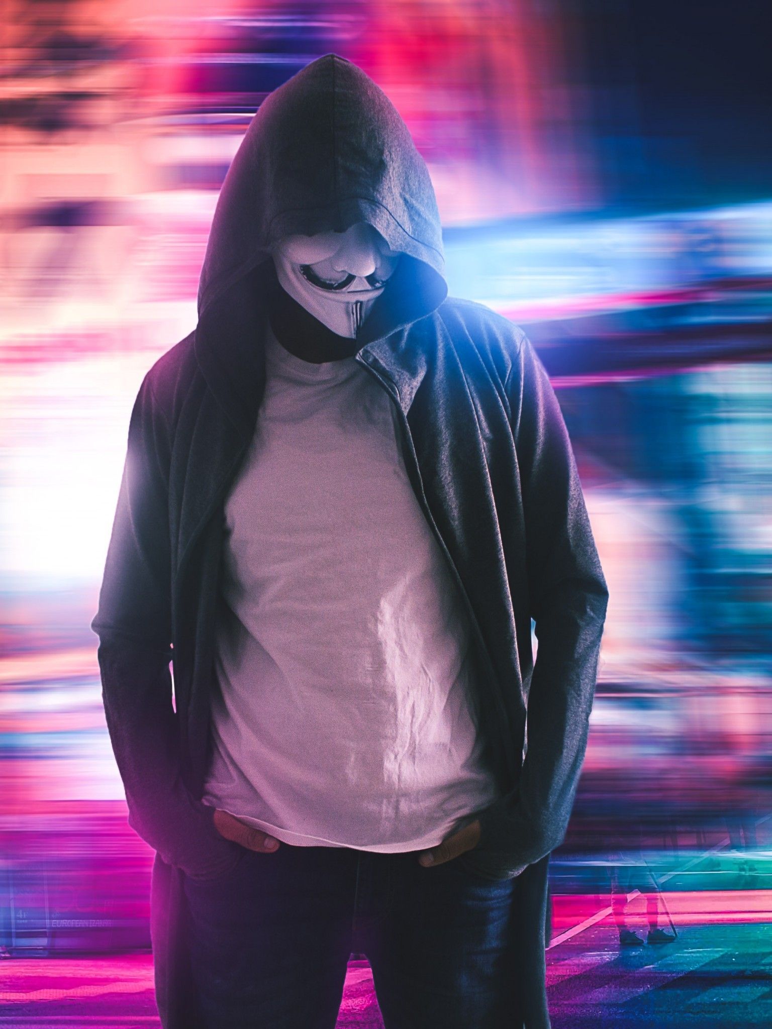 Download 1536x2048 Masked Man, Anonymous, Hoodie, Hacker, Neon