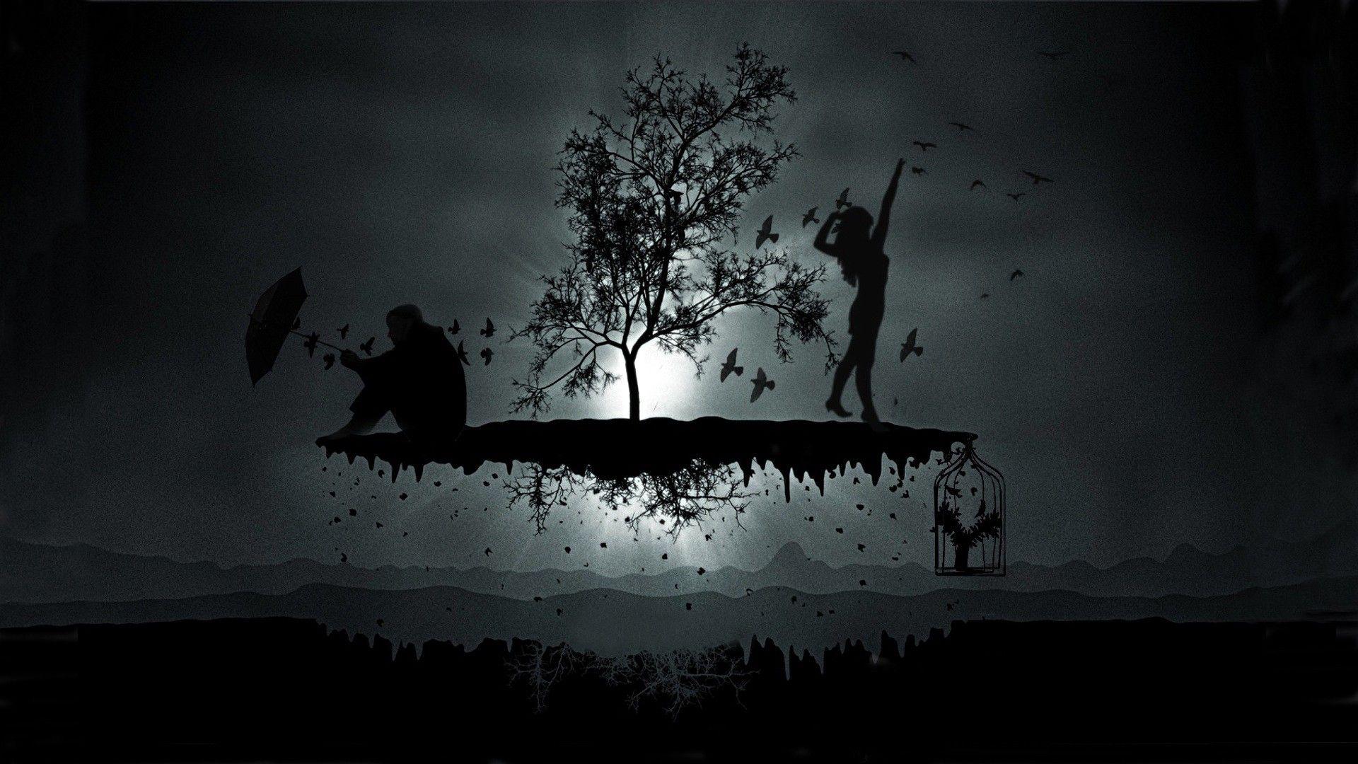 women trees silhouettes men birds 1920x1080 wallpaper High Quality