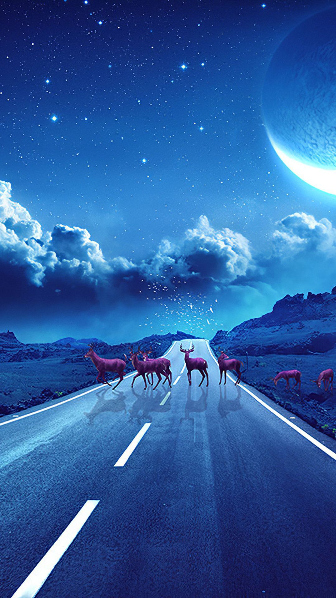 Deer Crossing The Road Magical Night Mobile Wallpaper iPhone