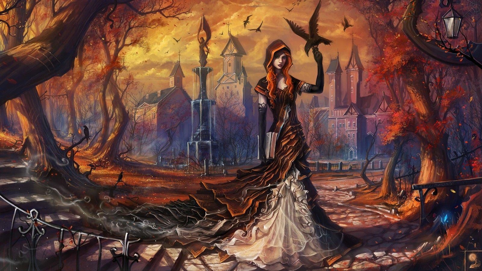 women, trees, fantasy art, books, town, crows wallpaper