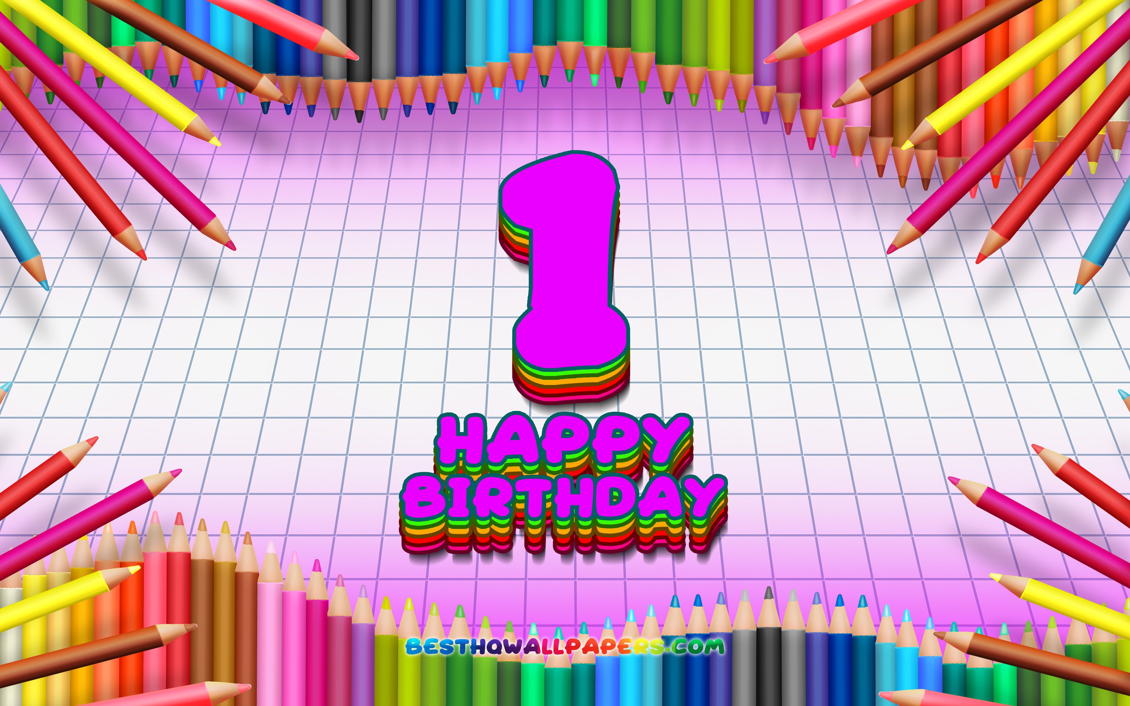 Download wallpaper 4k, Happy 1st birthday, colorful pencils frame