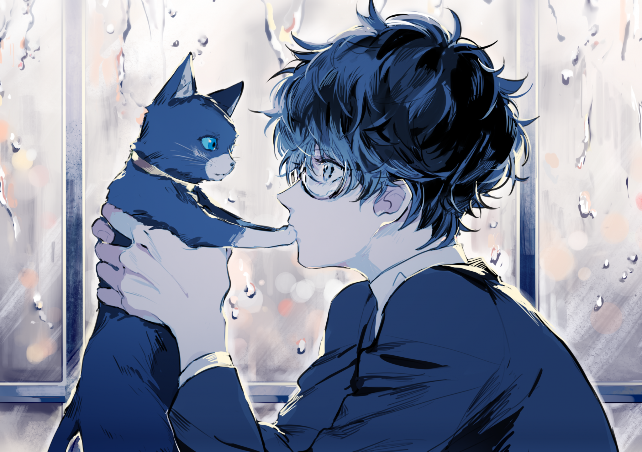 Download 2048x1441 Persona 5, Kurusu Akira, Anime Boy, Cat, Glasses, Profile View, Cute Wallpapers