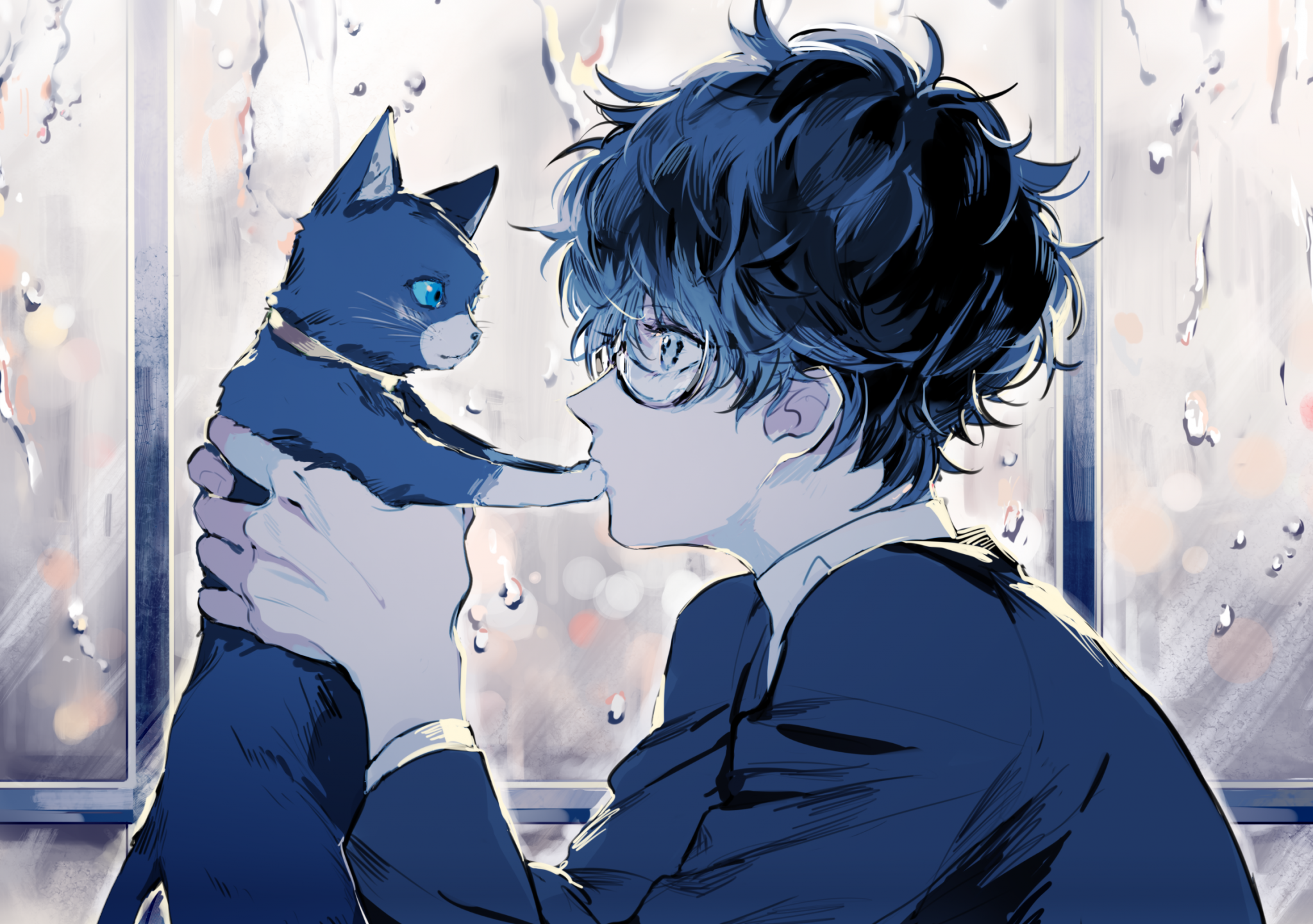 Download 2048x1441 Persona Kurusu Akira, Anime Boy, Cat, Glasses, Profile View, Cute Wallpaper