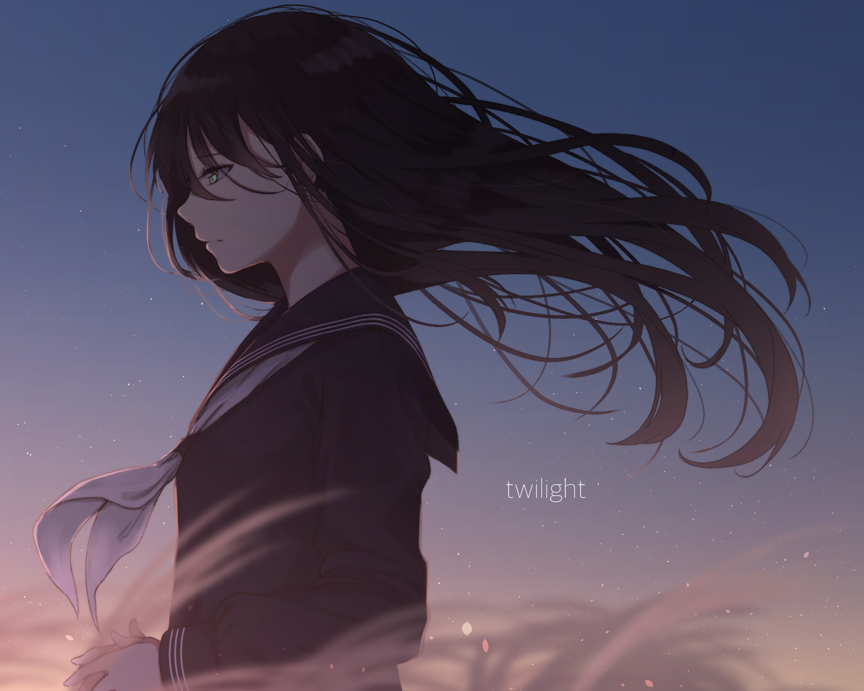 Download 1743x1394 Anime Girl, Sad, School Uniform, Windy, Black Hair, Profile View Wallpaper