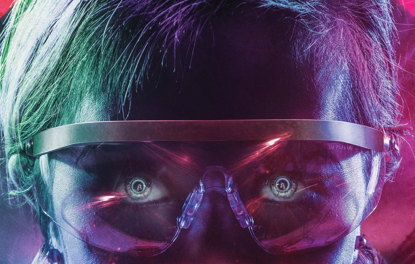 Wallpaper cinema, red, fantasy, blue, eyes, man, neon, movie, face, hair, glasses, film, official wallpaper