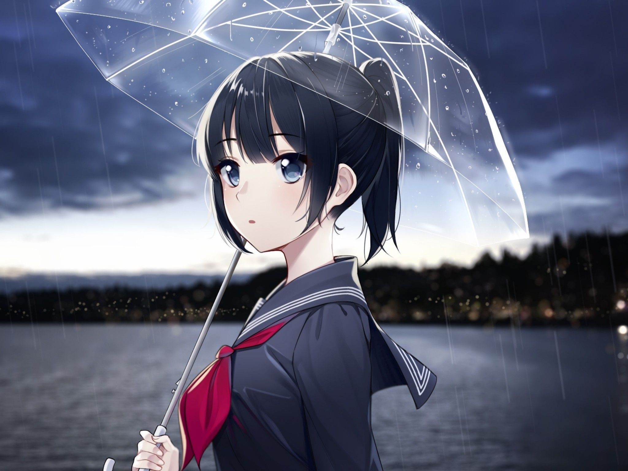 Download 2048x1536 Anime Girl, Raining, Umbrella, Black Hair, Ponytail, Profile View Wallpapers for Ainol Novo 9 Spark