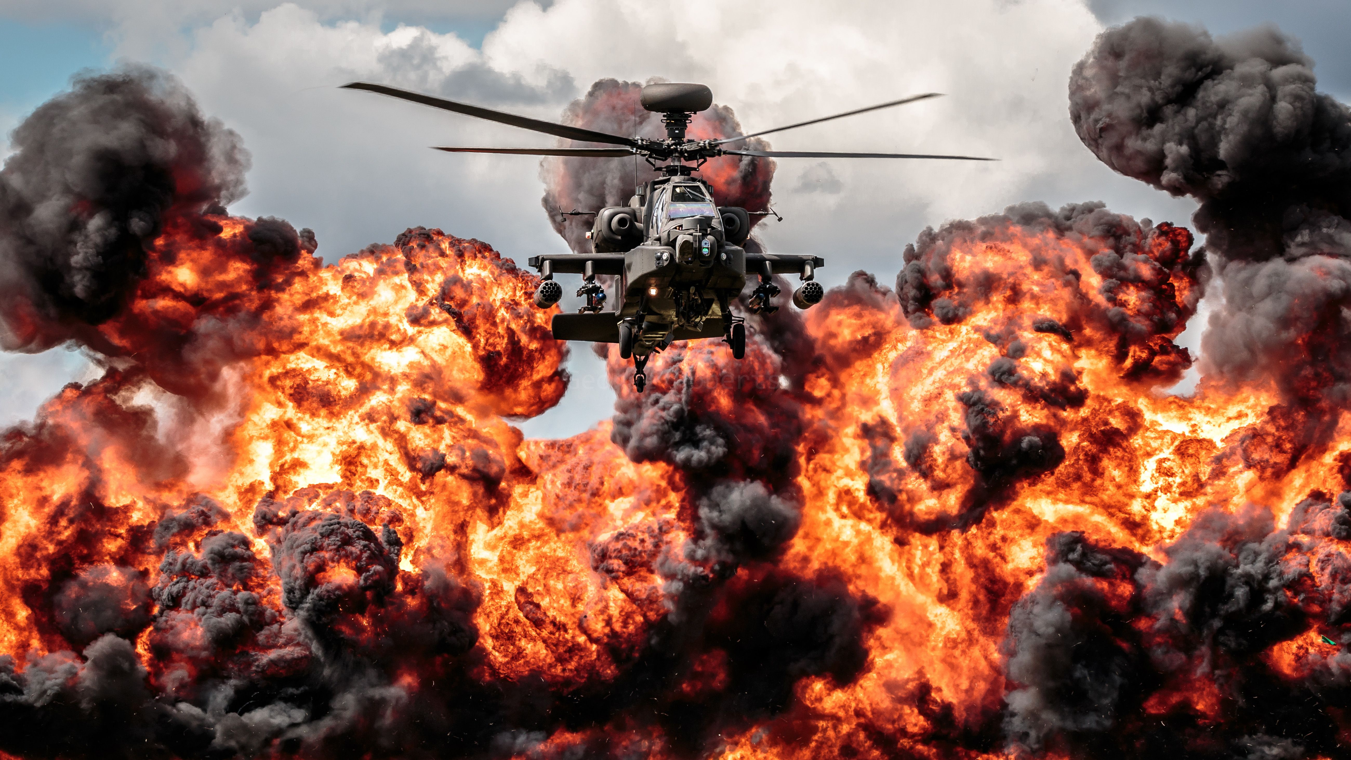 Helicopter Apache Explosion Fire HD Desktop Wallpaper 5200x2925