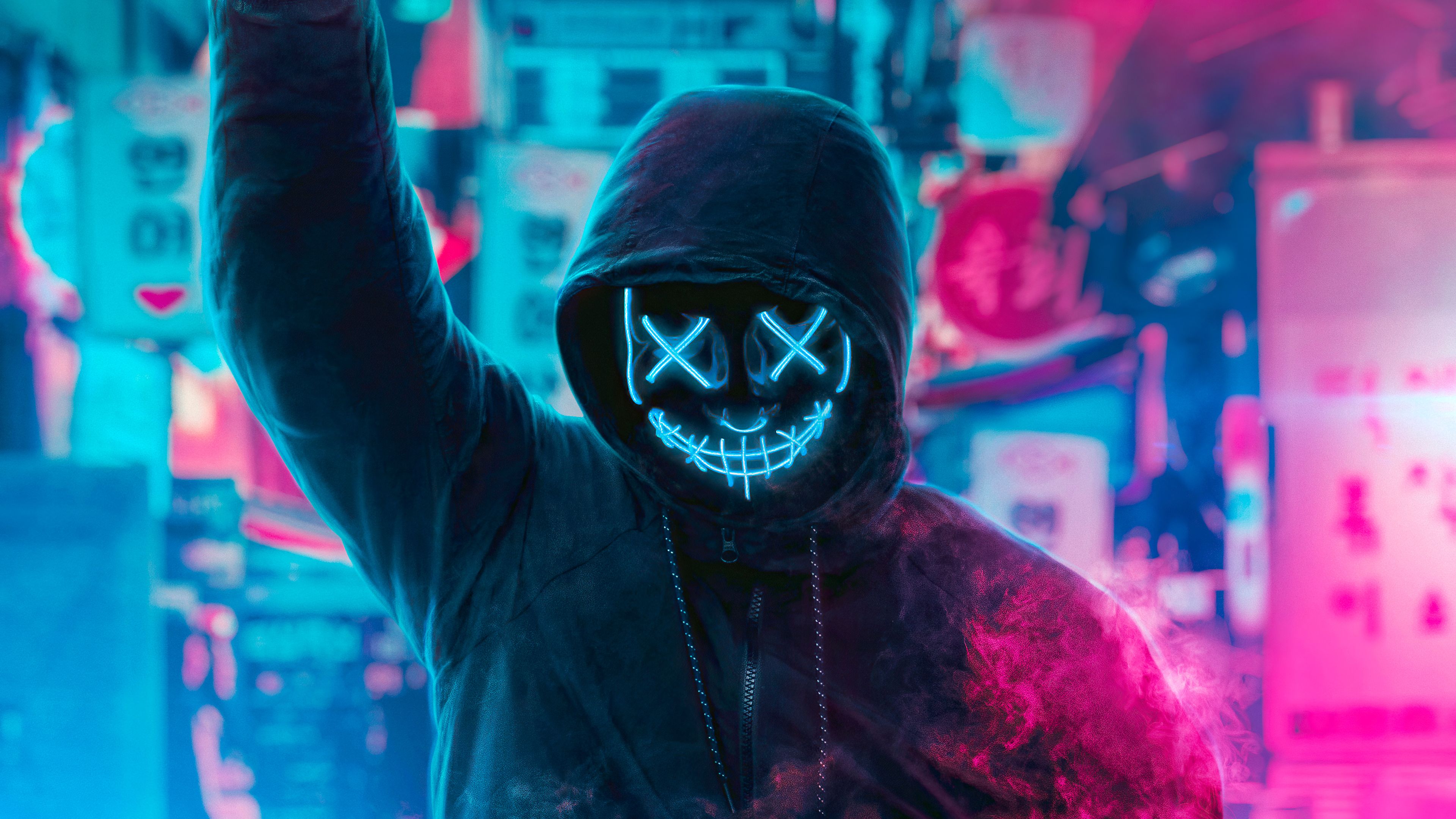Mask Guy Neon Man With Smoke Bomb 4k, HD Photography, 4k Wallpaper, Image, Background, Photo and Picture