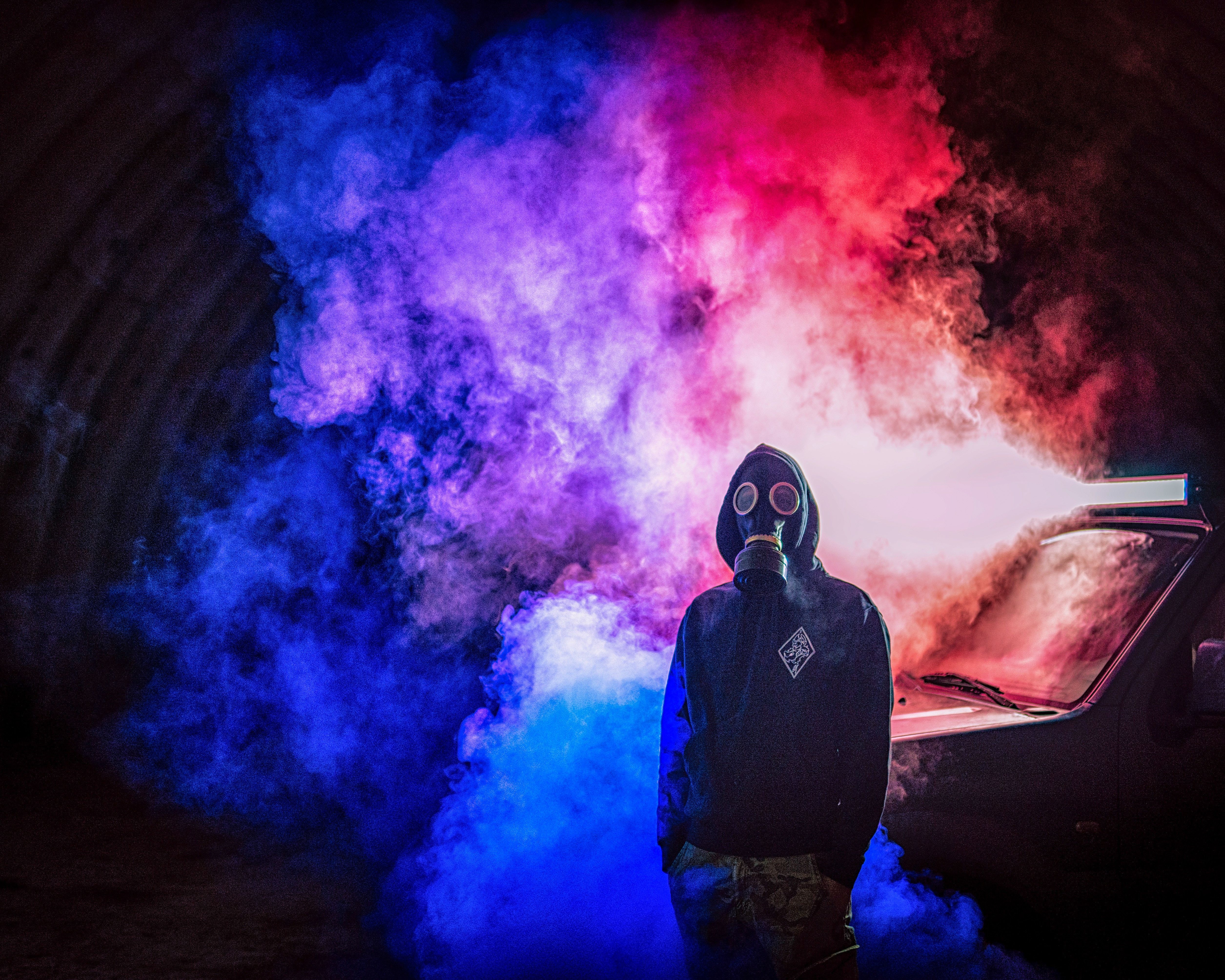 Cyberpunk Man Colorful Smoke Bomb 2048x1152 Resolution HD 4k Wallpaper, Image, Background, Photo and Picture